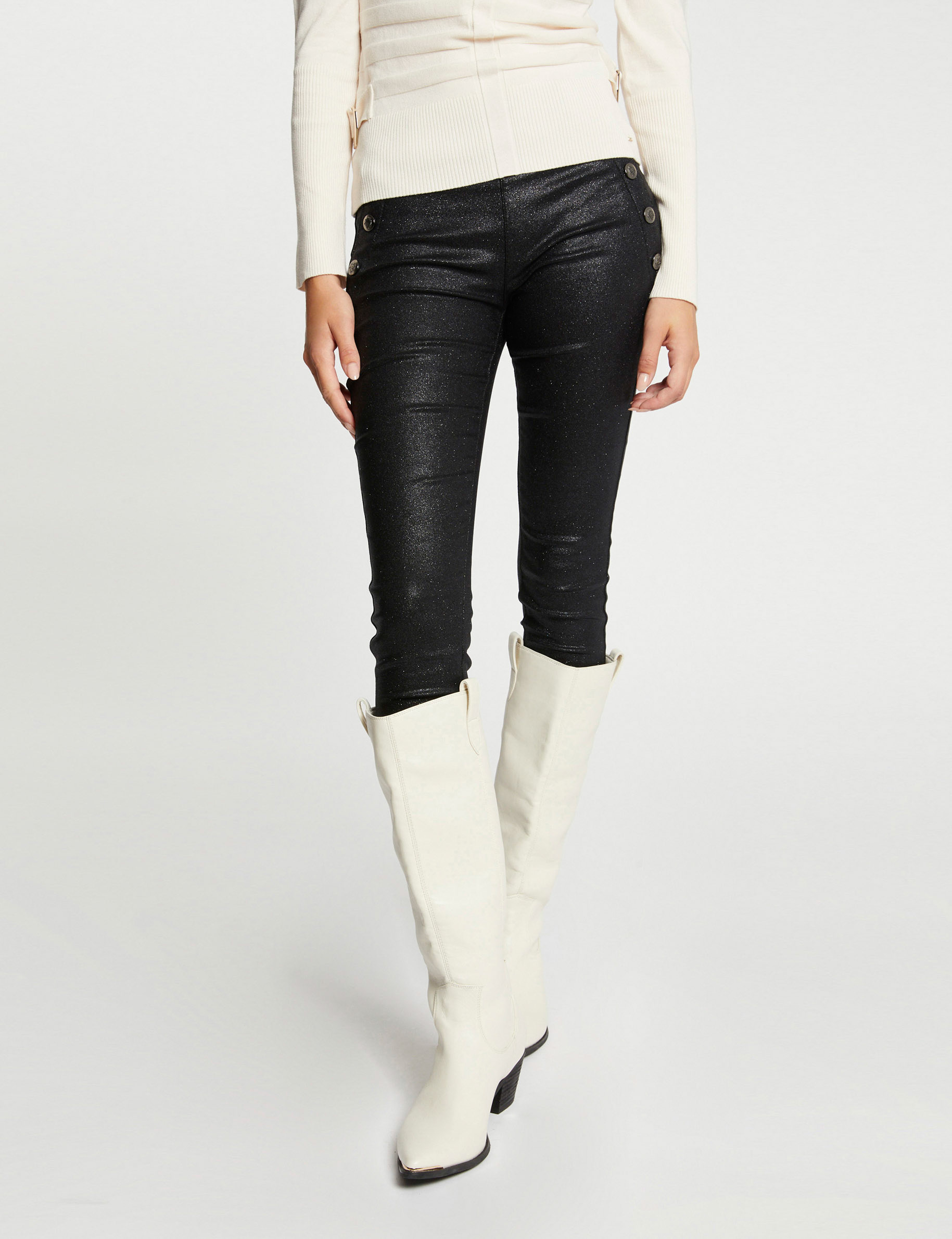 Pantalon skinny enduit paillettes noir femme