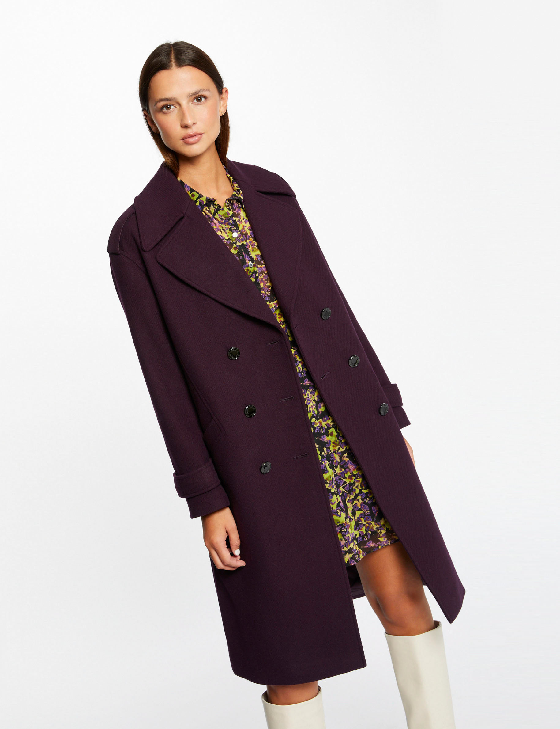 manteau long droit double boutonnage violet fonce femme Manteau long droit double boutonnage violet fonce femme