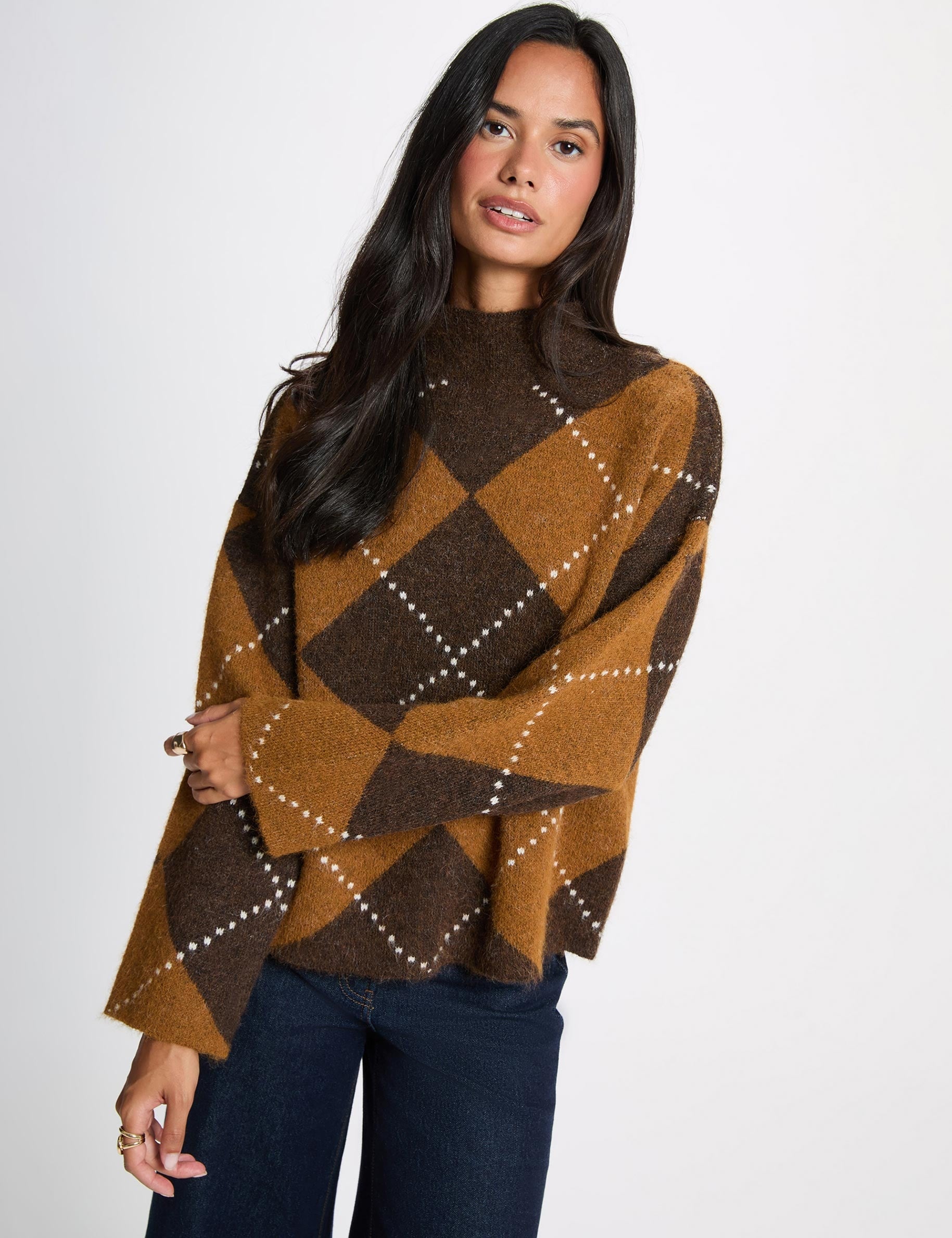 Pull col roul&eacute; marron femme