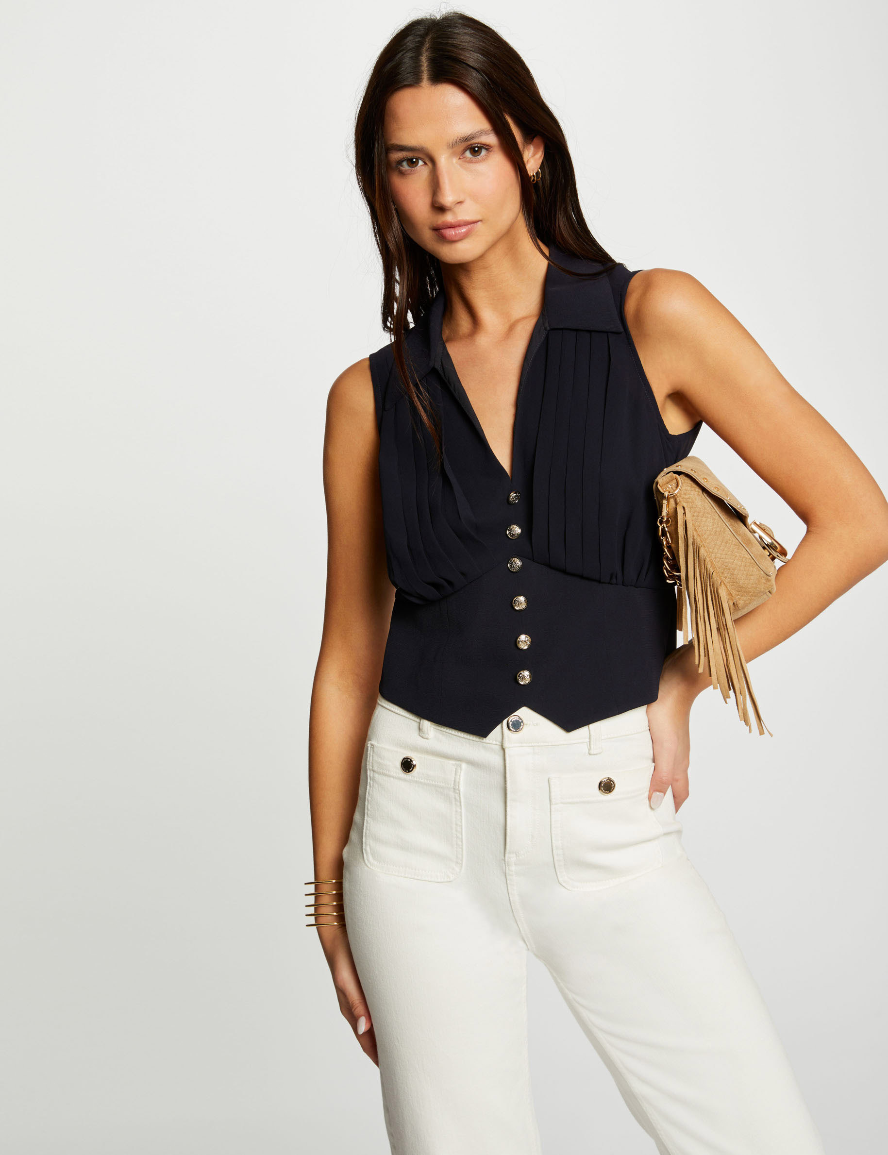 top plisse sans manches bleu marine femme Top plissé sans manches bleu marine femme