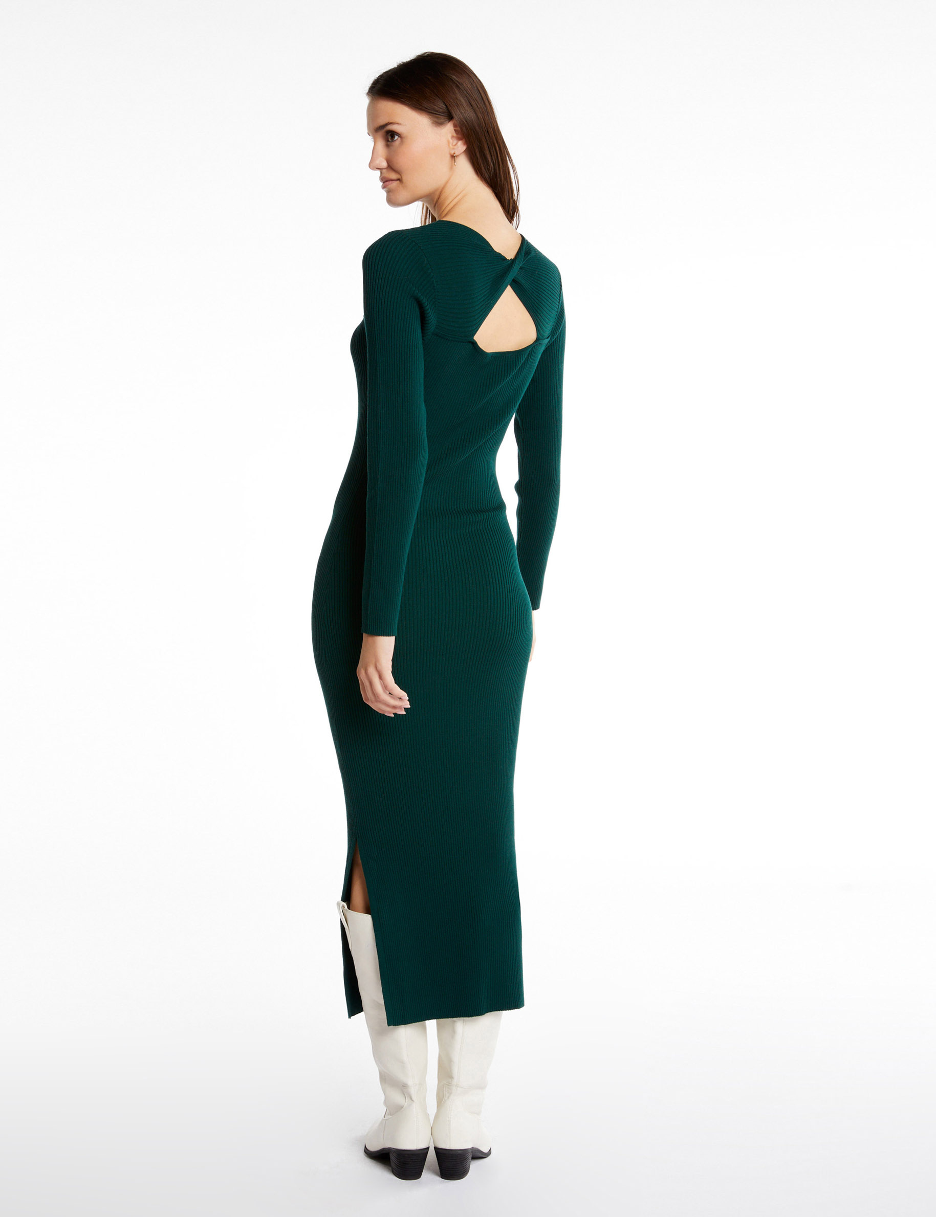 Robe pull longue ajustée à ouverture vert fonce femme