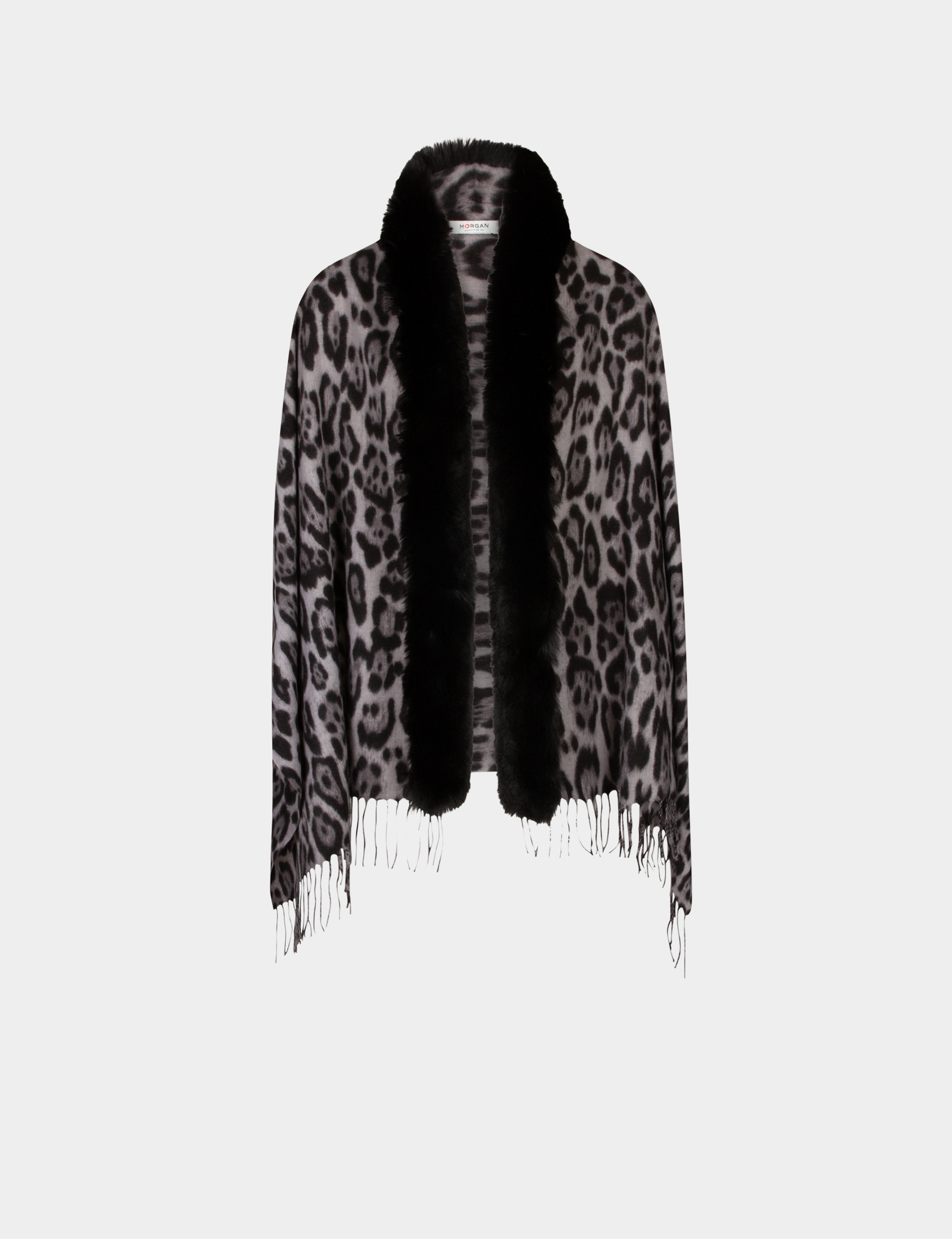 poncho avec franges et imprime leopard gris moyen femme Poncho avec franges et imprimé léopard gris moyen femme