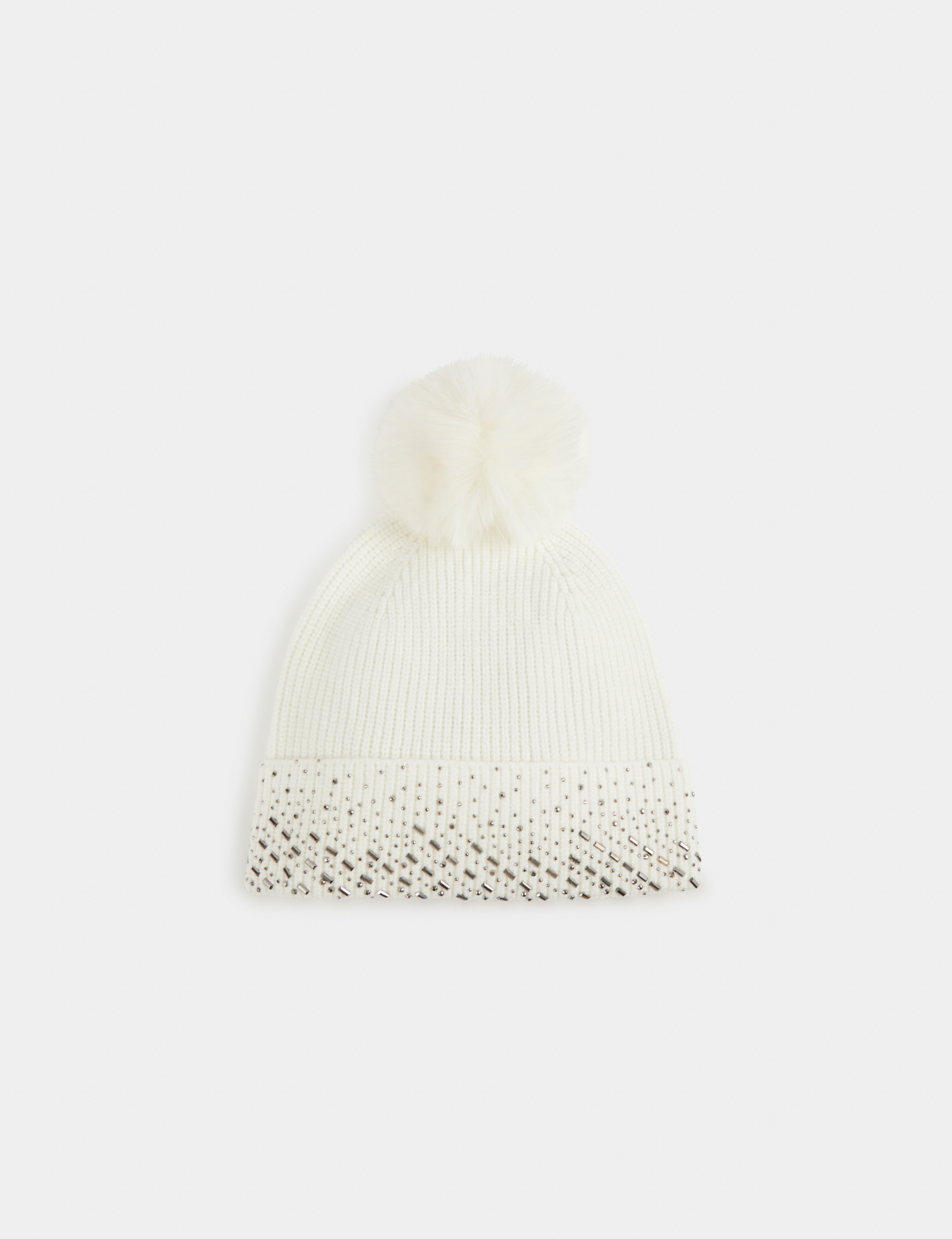 bonnet avec strass et pompon beige femme Bonnet avec strass et pompon beige femme