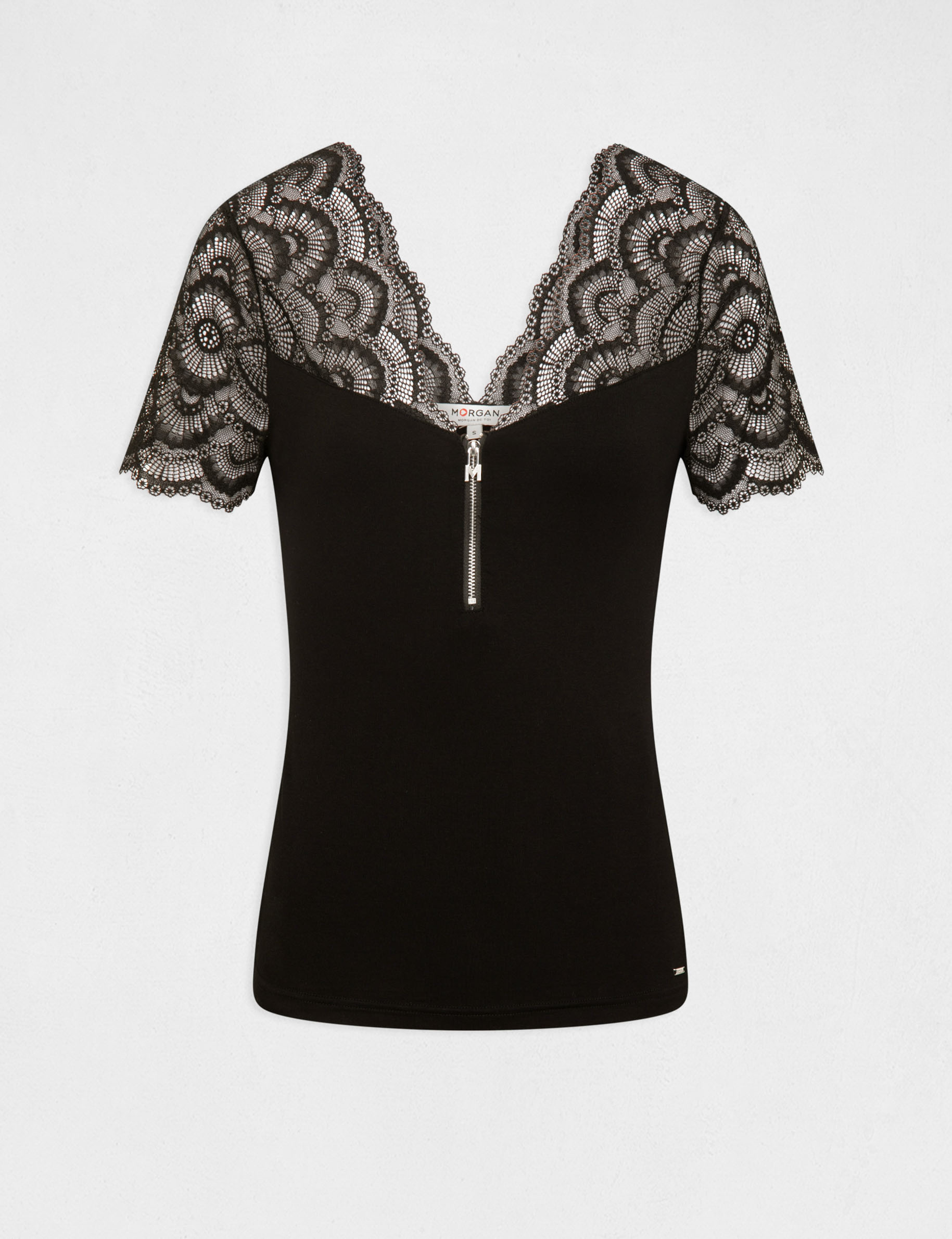 T-shirt manches courtes à dentelle noir femme T-shirt manches courtes à dentelle noir femme