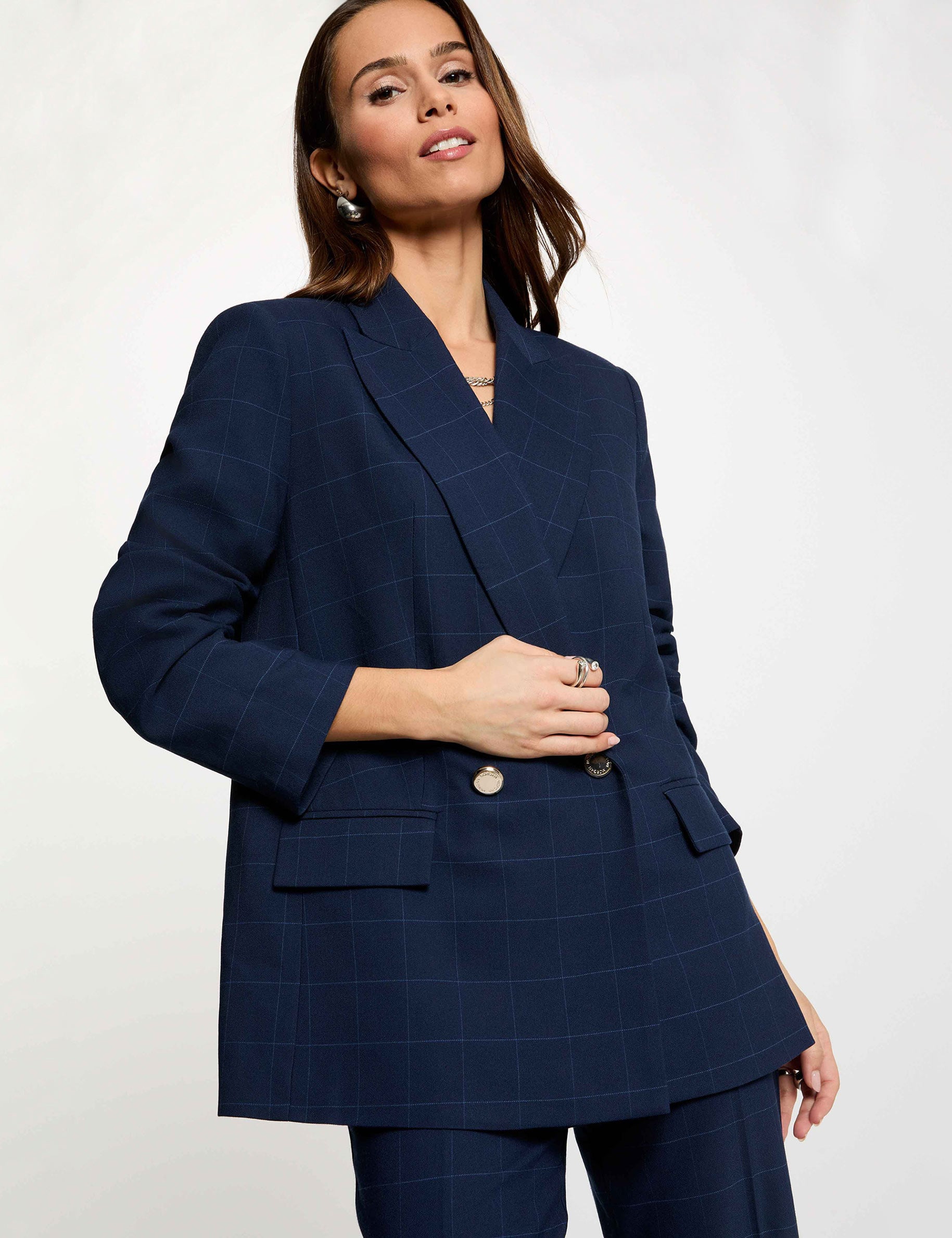 Blazer droit &agrave; carreaux bleu marine femme