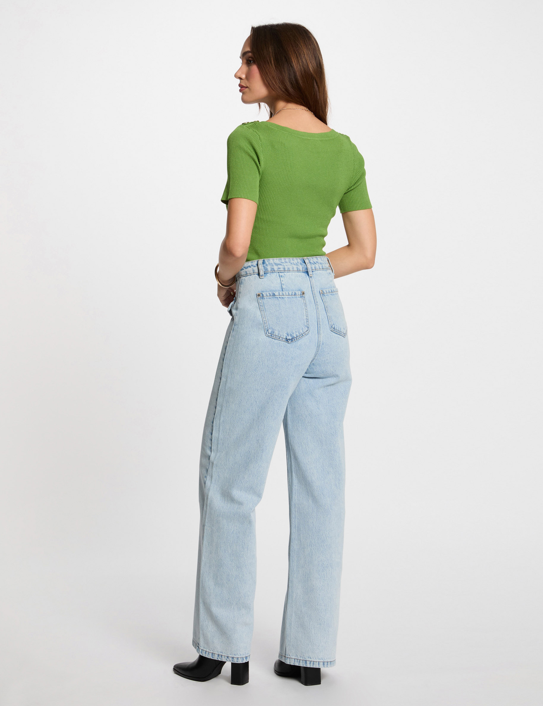 pull col bateau et boutons vert anis femme Pull col bateau et boutons vert anis femme