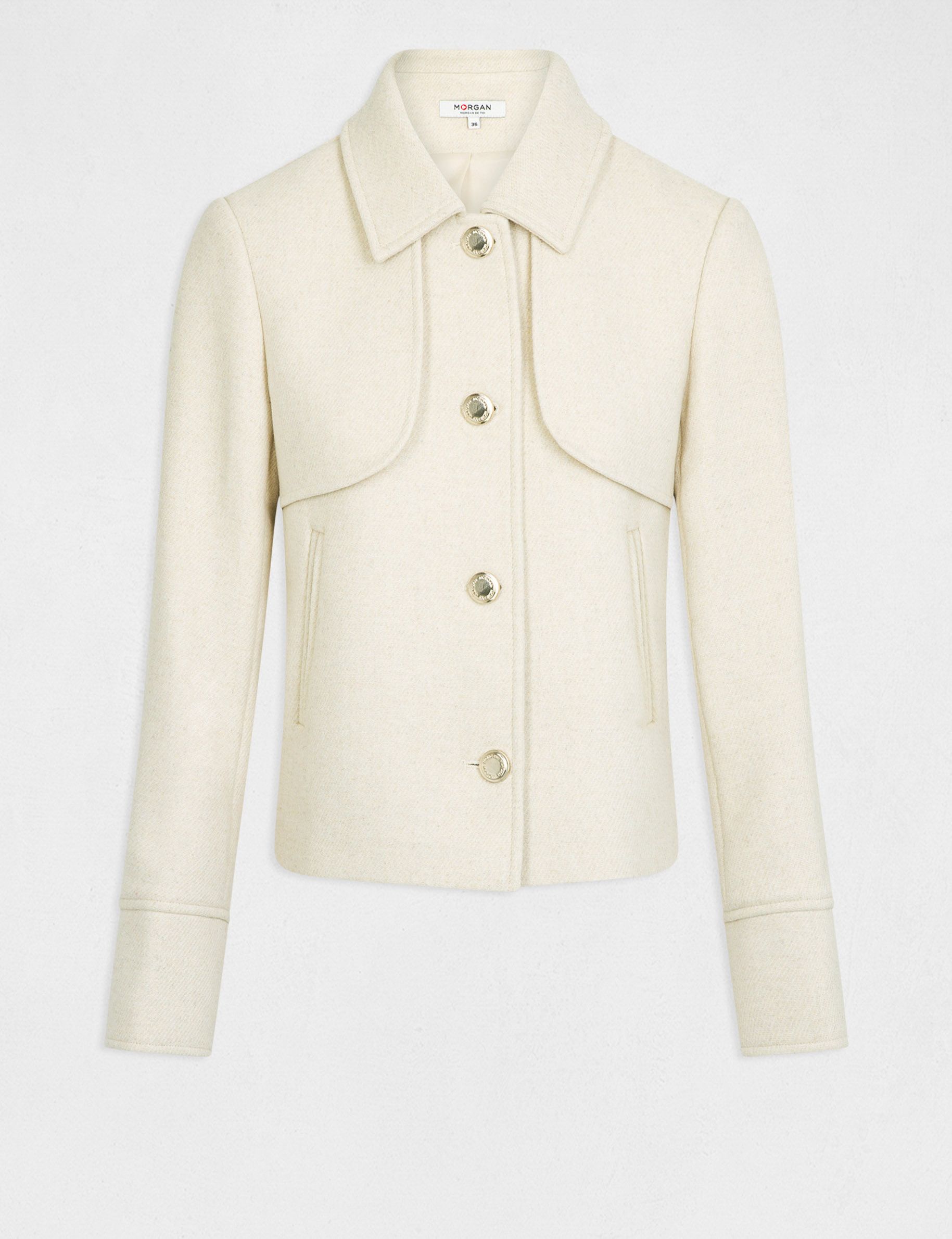 Manteau court ajusté boutonné ivoire femme