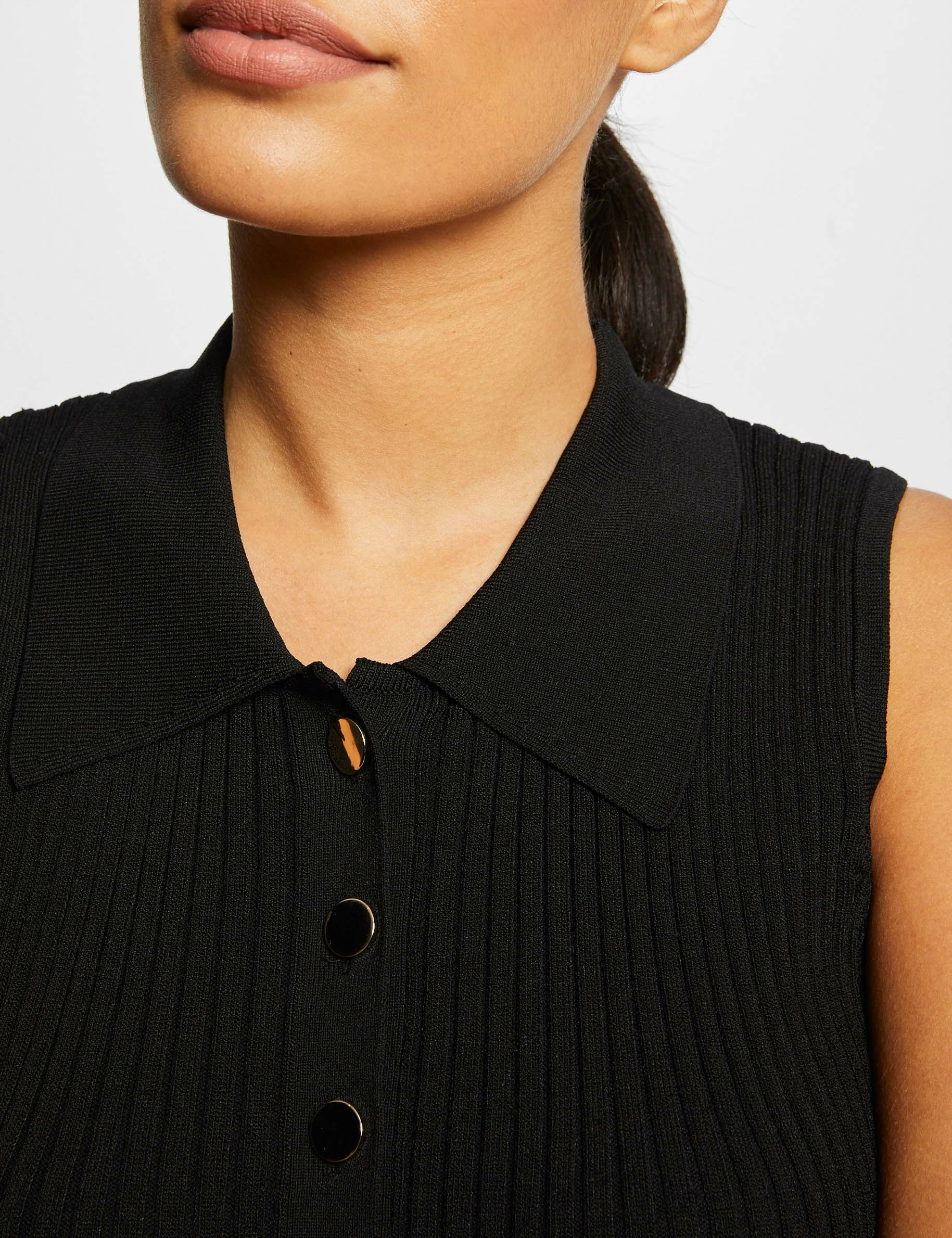 Pull débardeur sans manches col polo noir femme Pull débardeur sans manches col polo noir femme