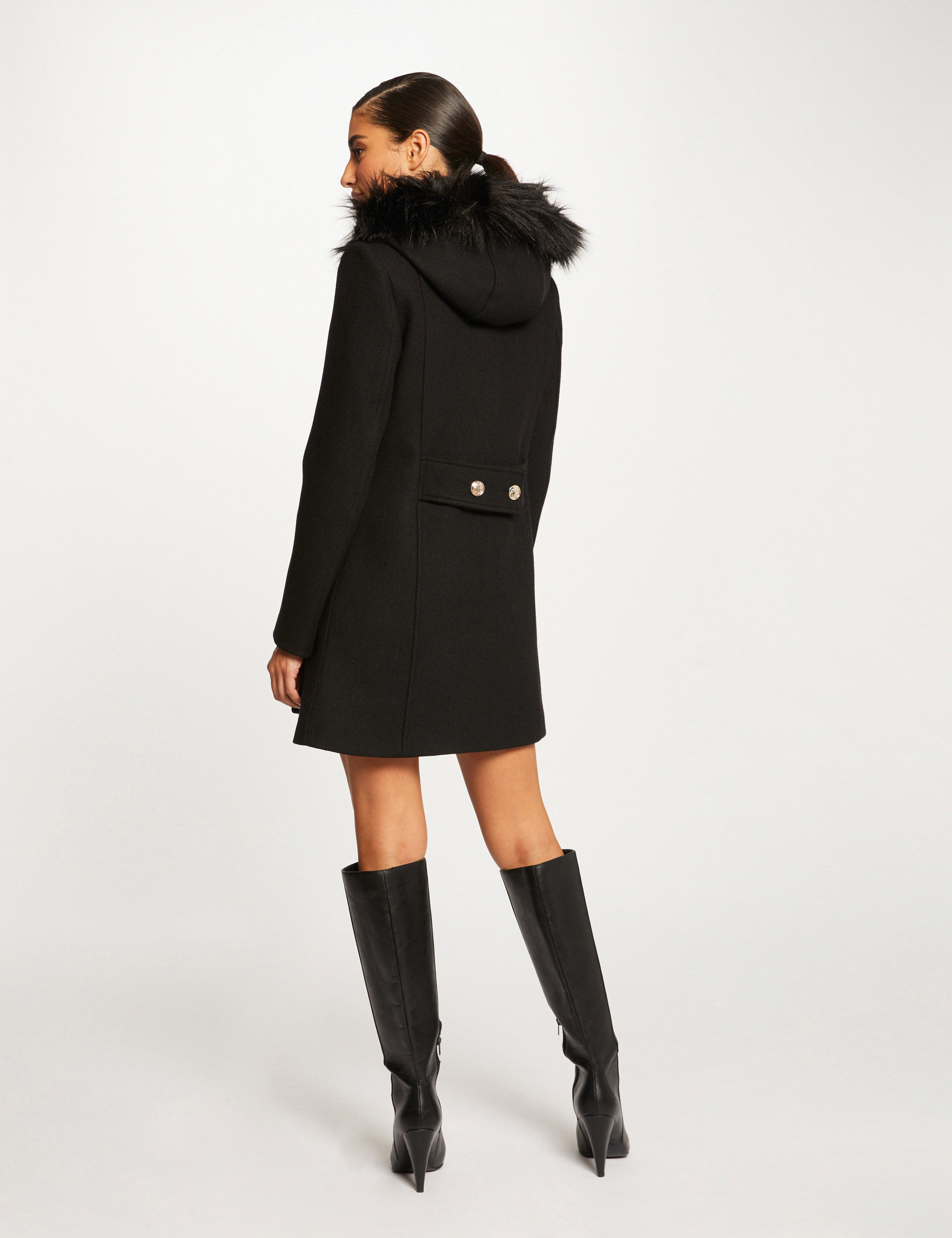 Manteau ample boutonné à capuche noir femme