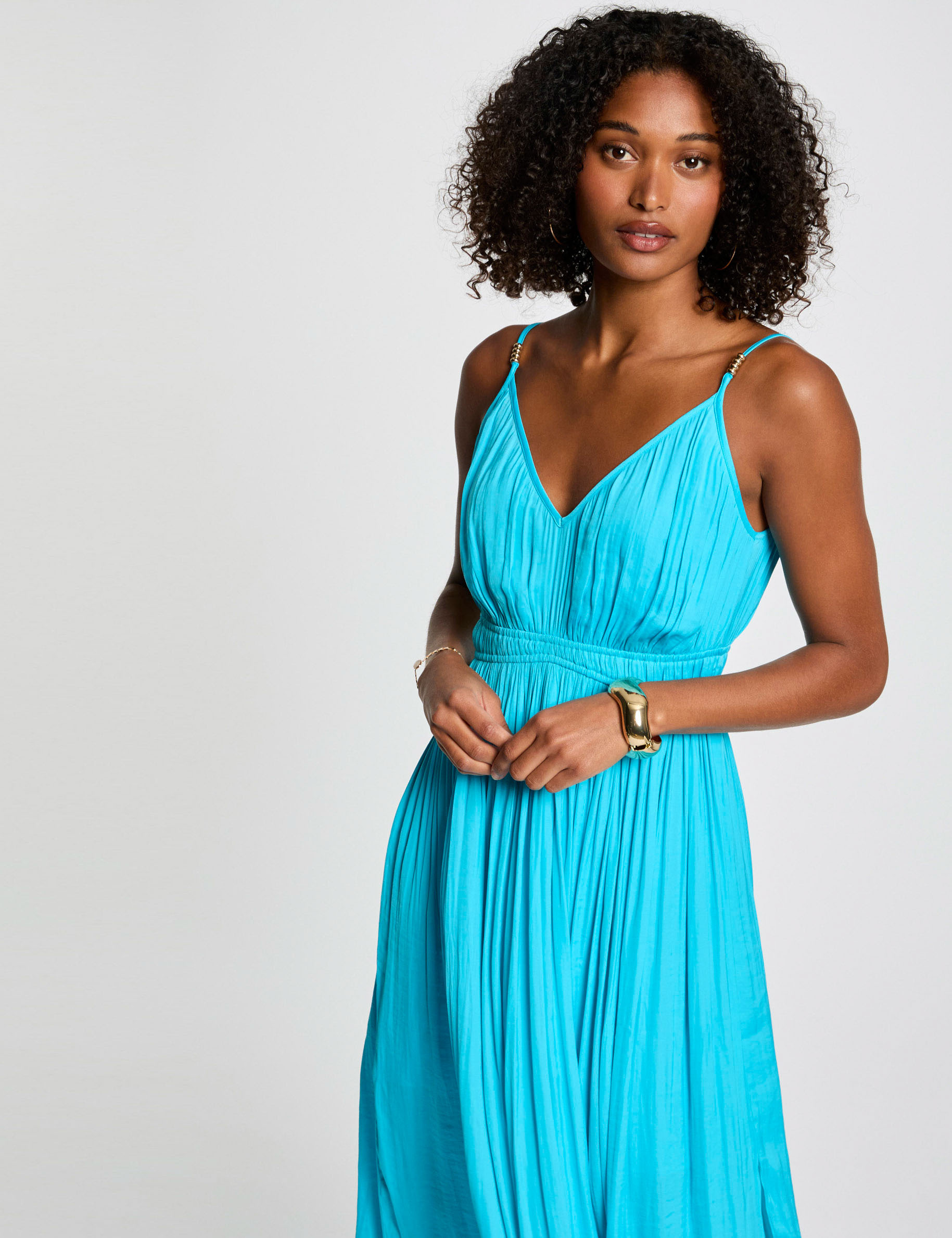 robe midi droite plisse bleu ciel femme Robe midi droite pliss�e bleu ciel femme
