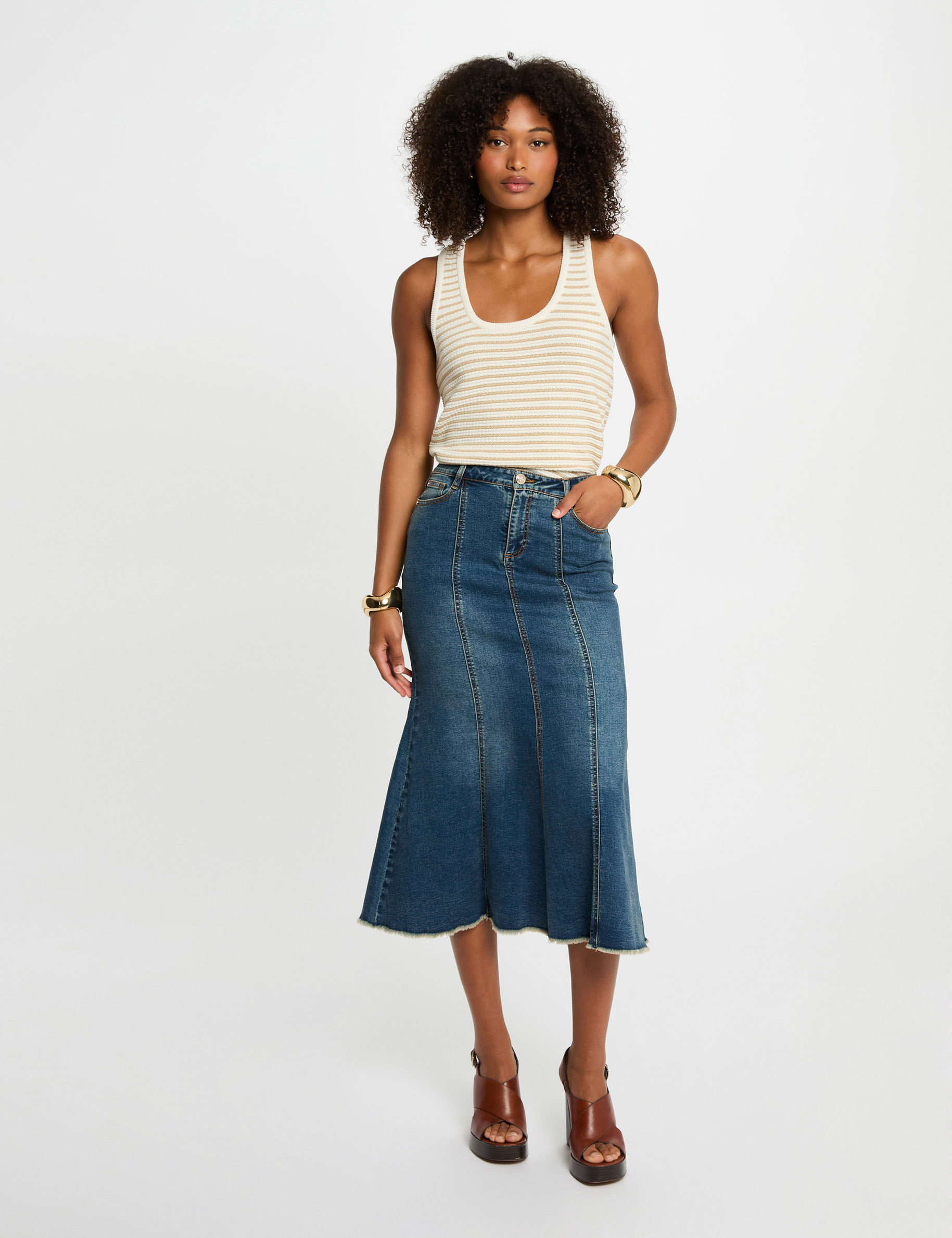 Top en maille ray&eacute; blanc femme