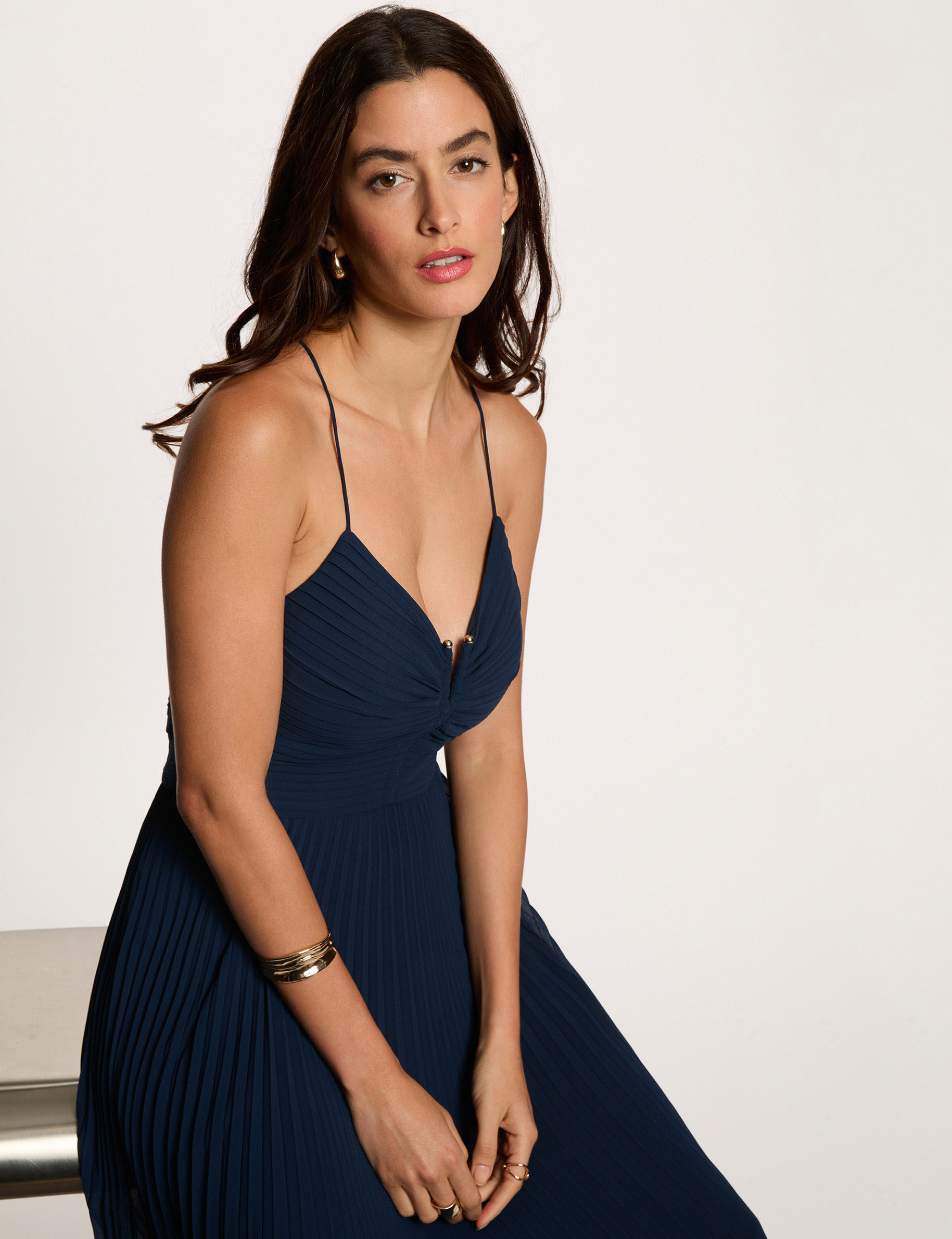 Robe longue dos ouvert bleu marine femme