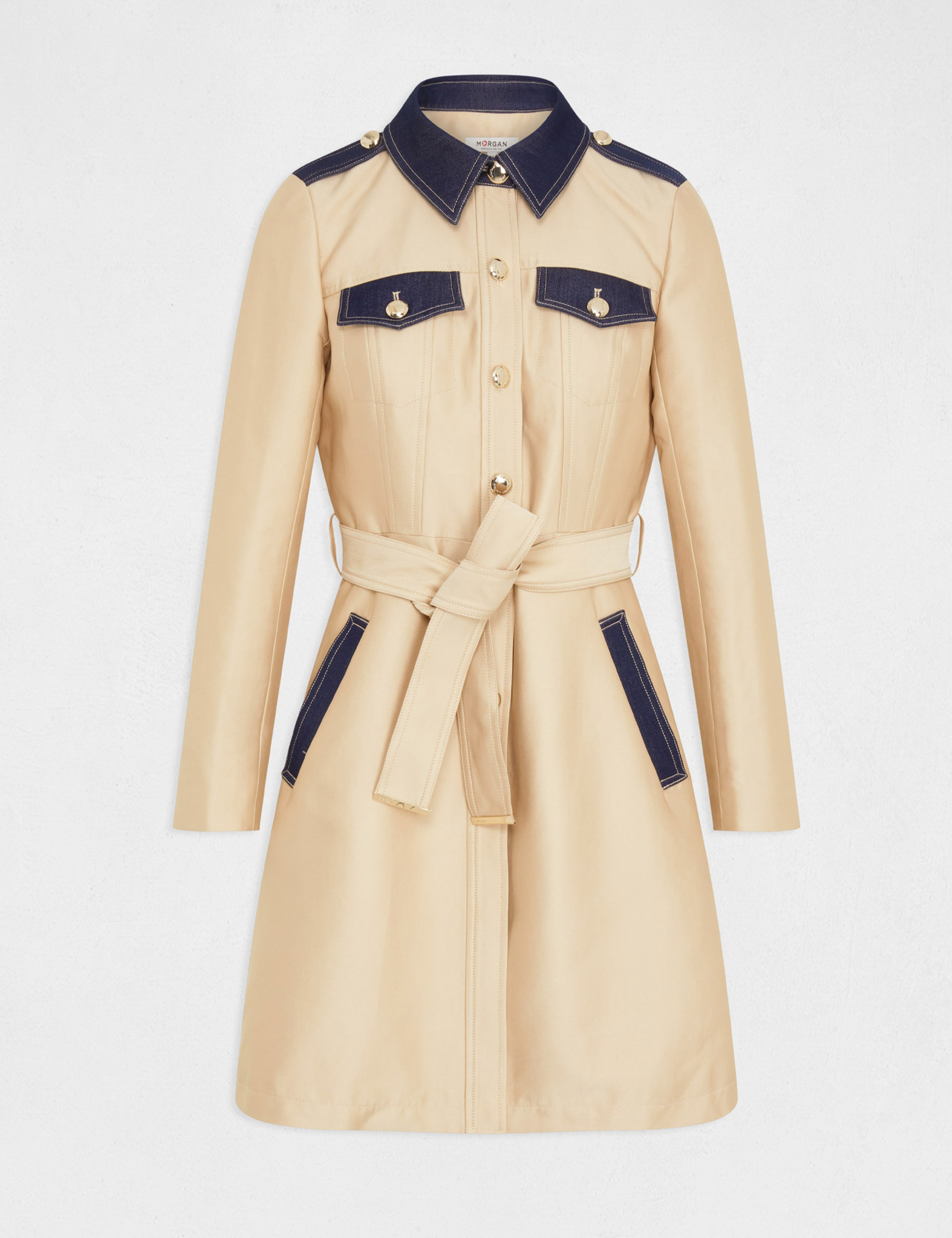 Trench long évasé ceinturé détails denim beige femme