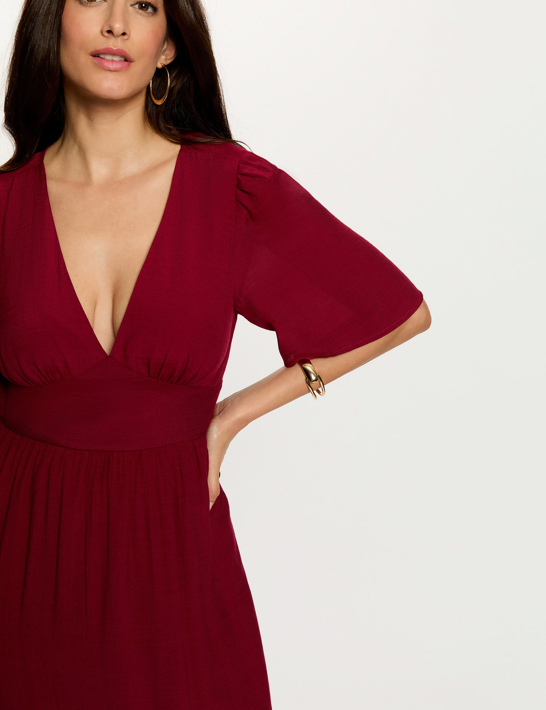 Robe longue col v bordeaux femme