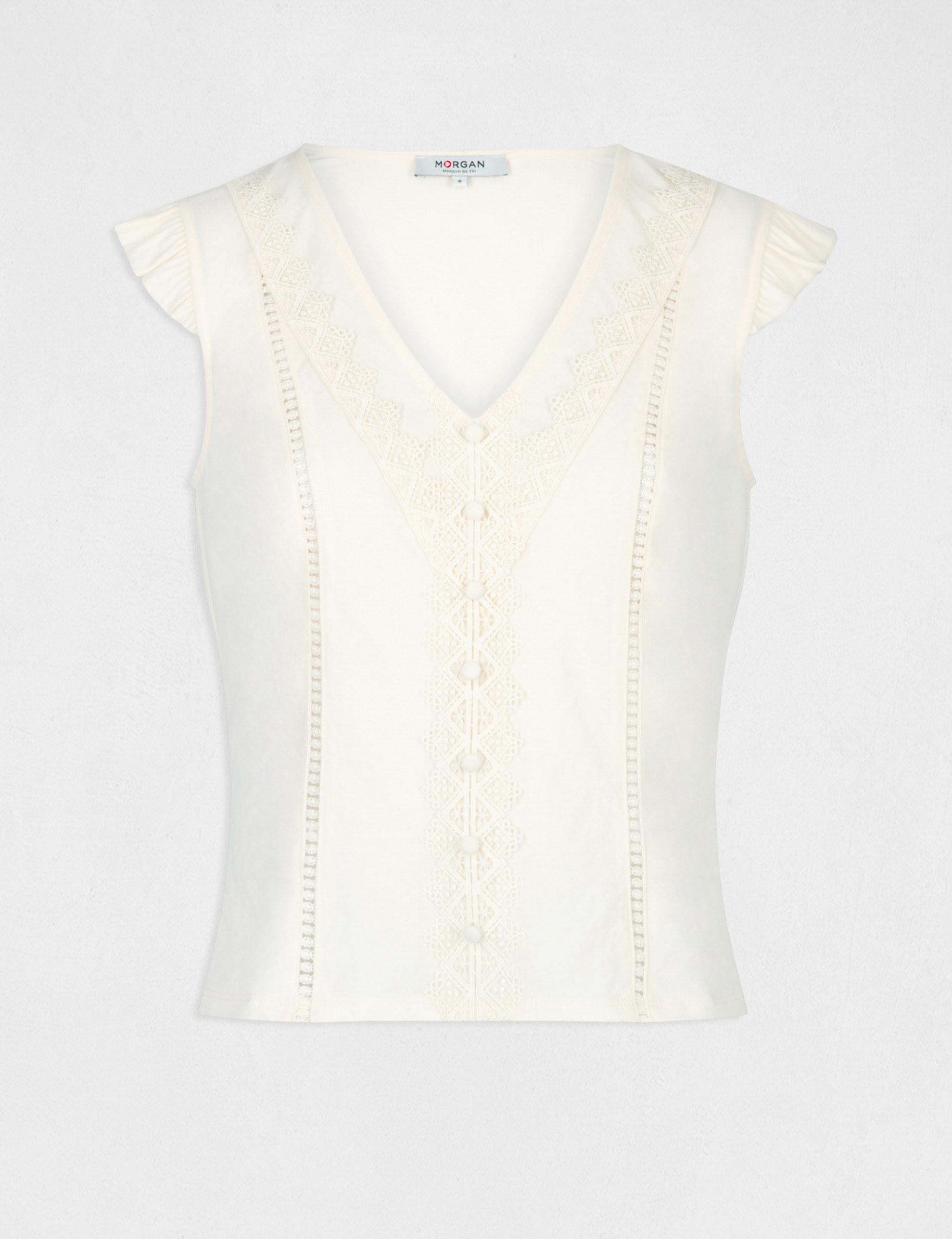 T-shirt manches courtes à dentelle ecru moyen femme T-shirt manches courtes à dentelle ecru moyen femme