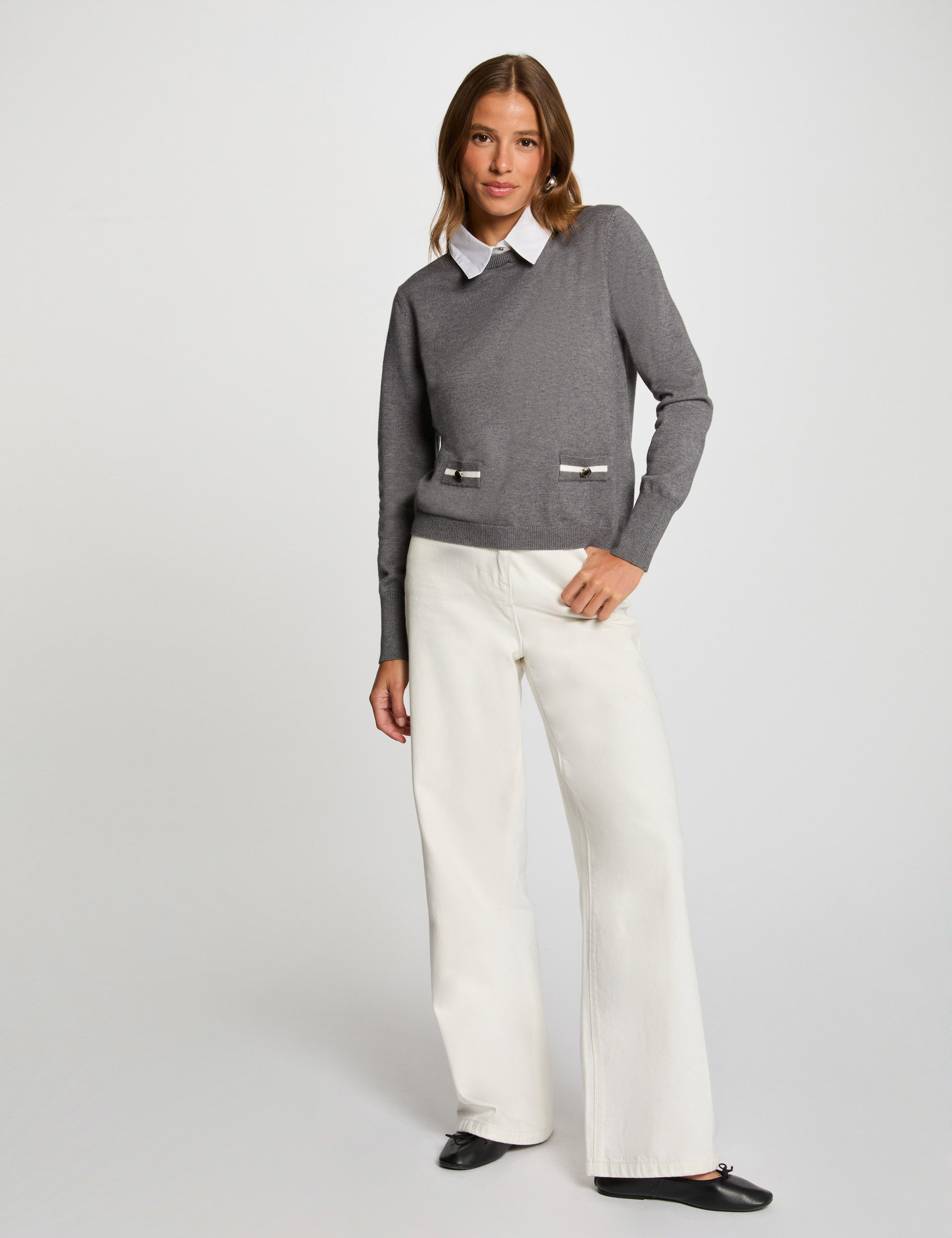 Pull col chemise gris fonc&eacute; femme