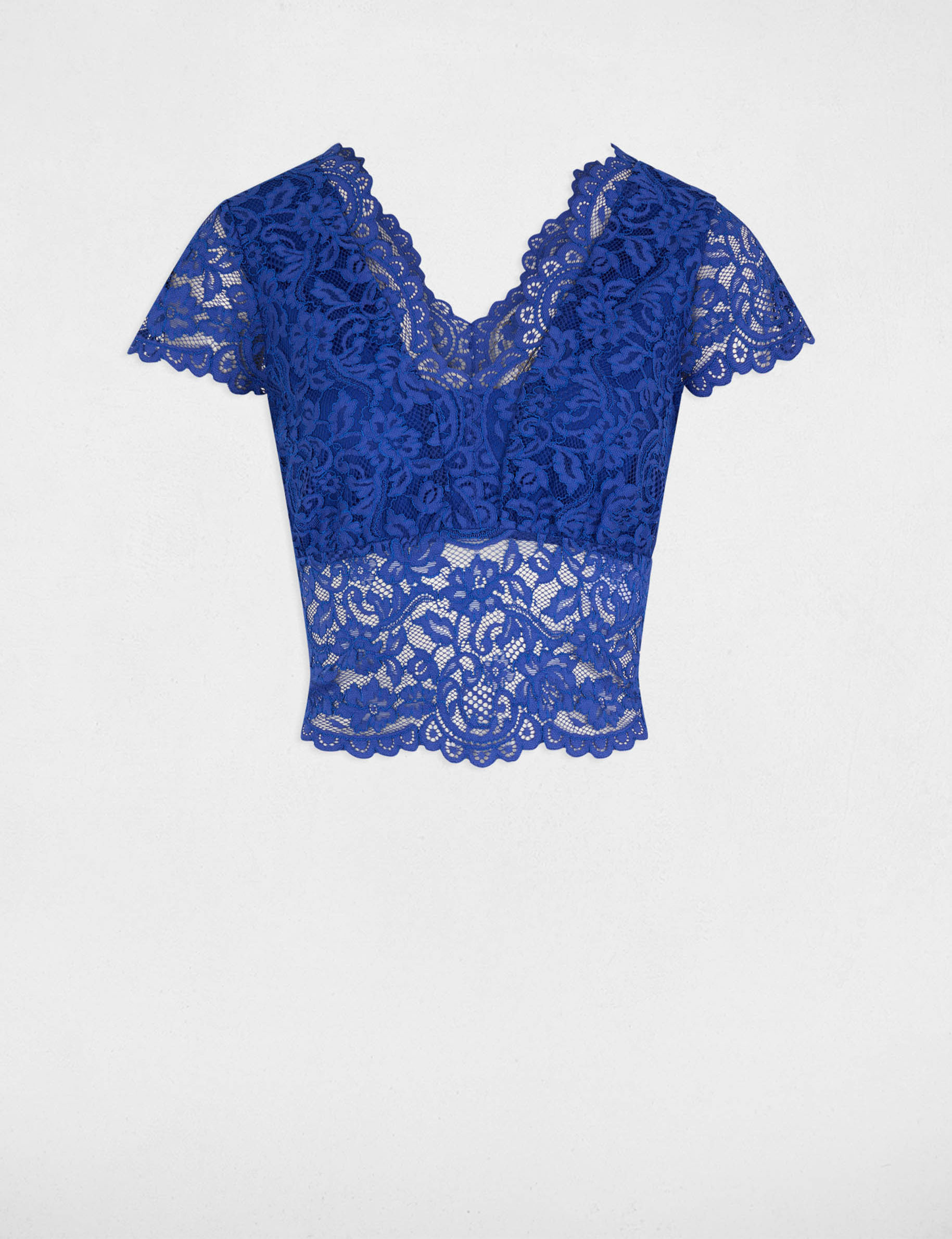 t shirt a dentelle col en v bleu electrique femme T-shirt à dentelle col en V bleu electrique femme