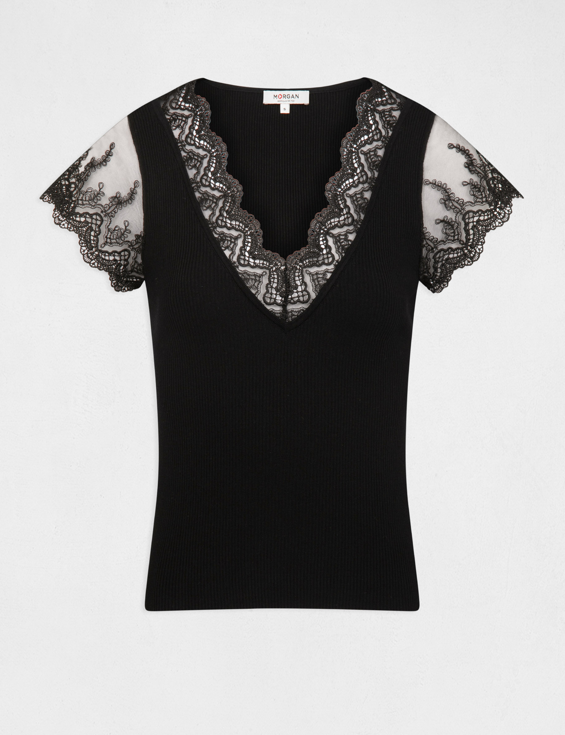 Pull manches courtes à dentelle noir femme Pull manches courtes à dentelle noir femme