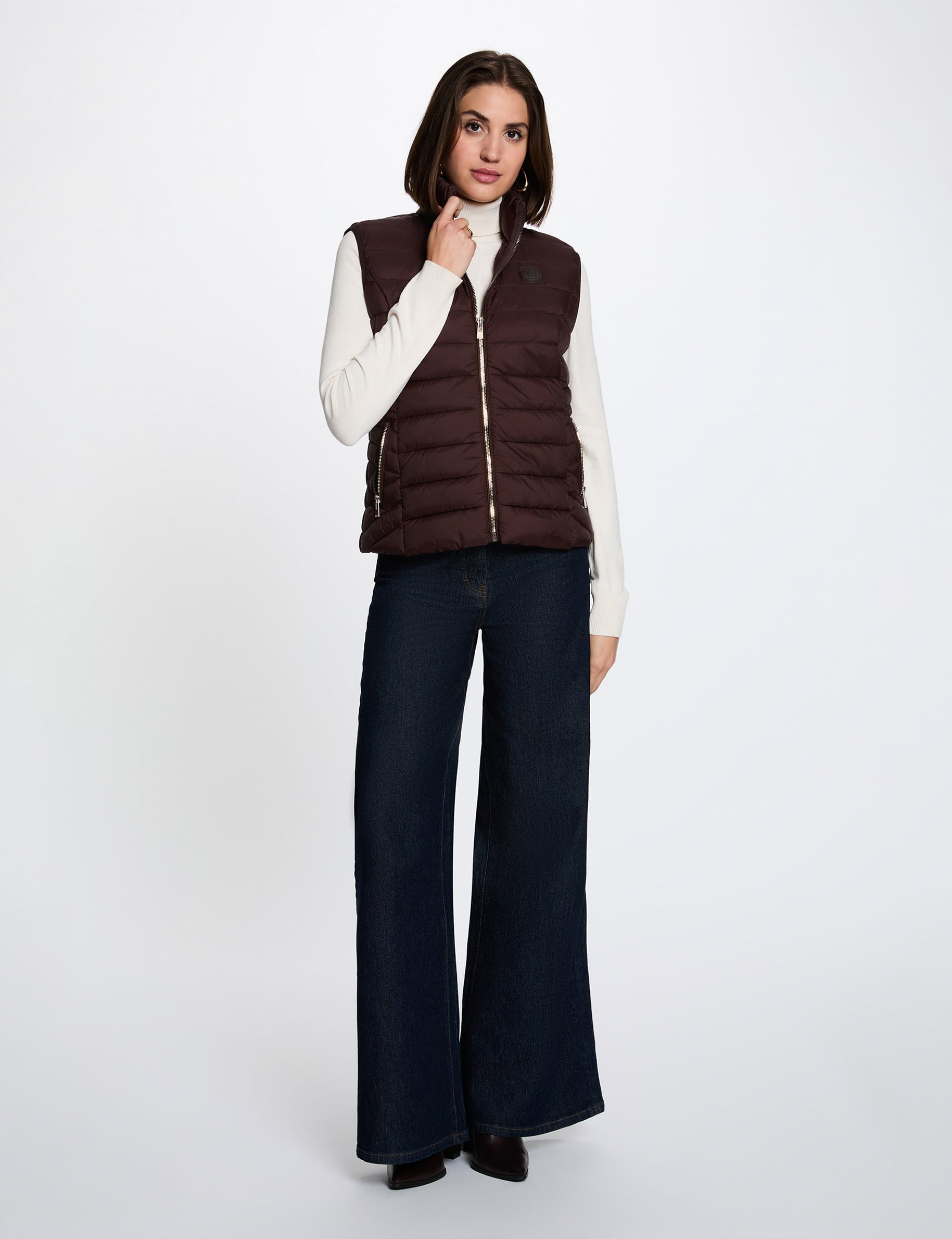 Doudoune sans manches col montant marron fonc&eacute; femme