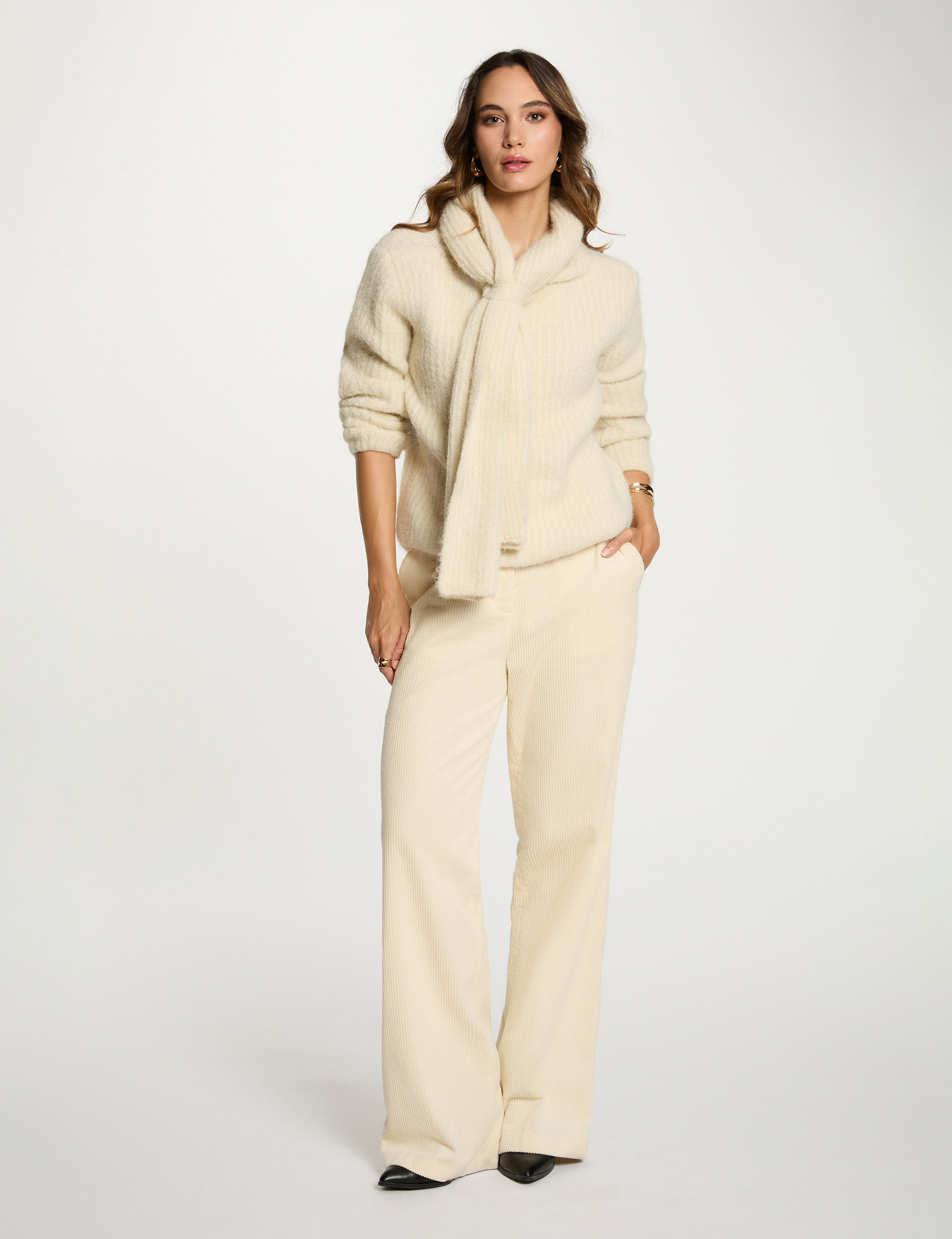 Pantalon large velours ecru femme