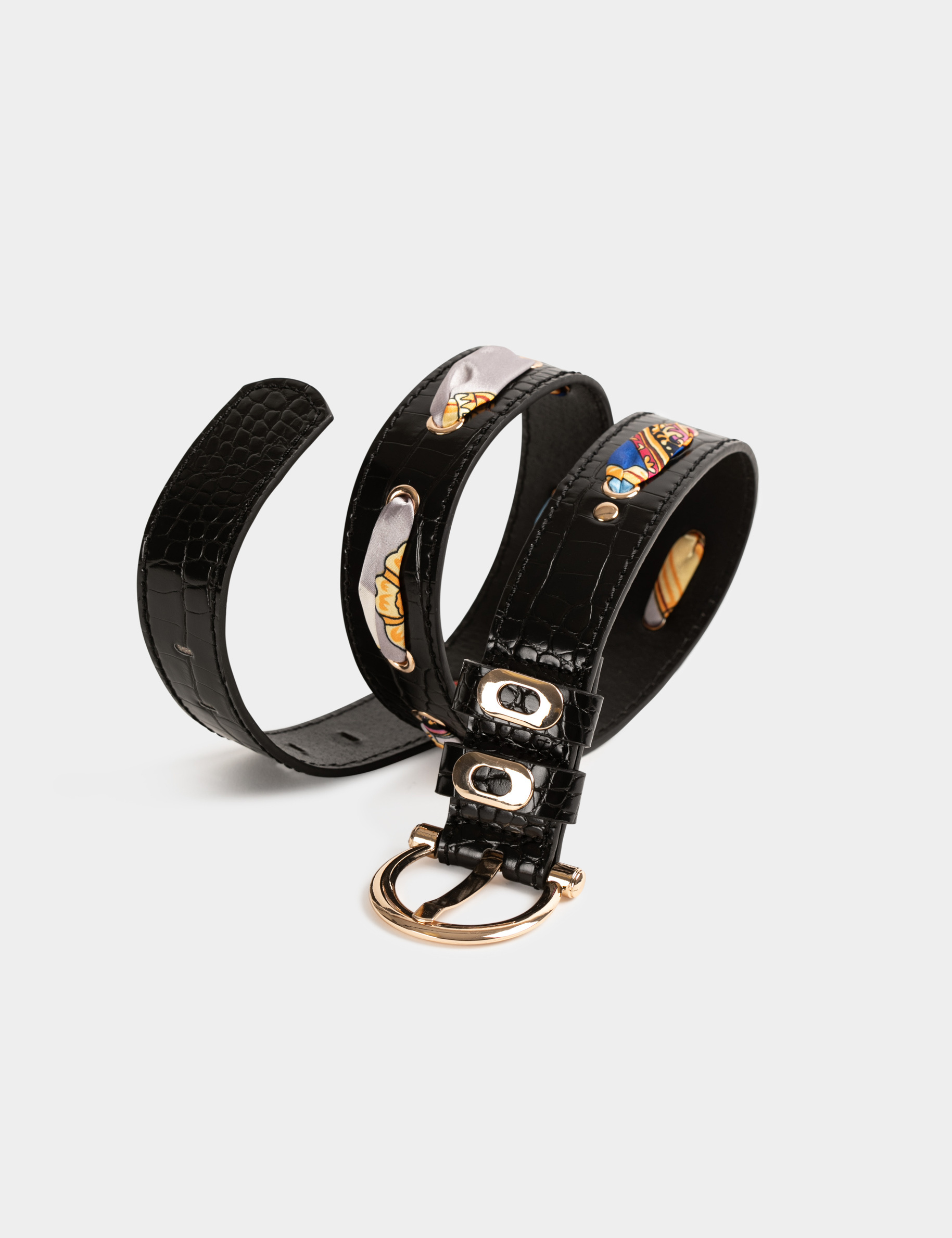 Ceinture avec foulard et aspect croco noir femme
