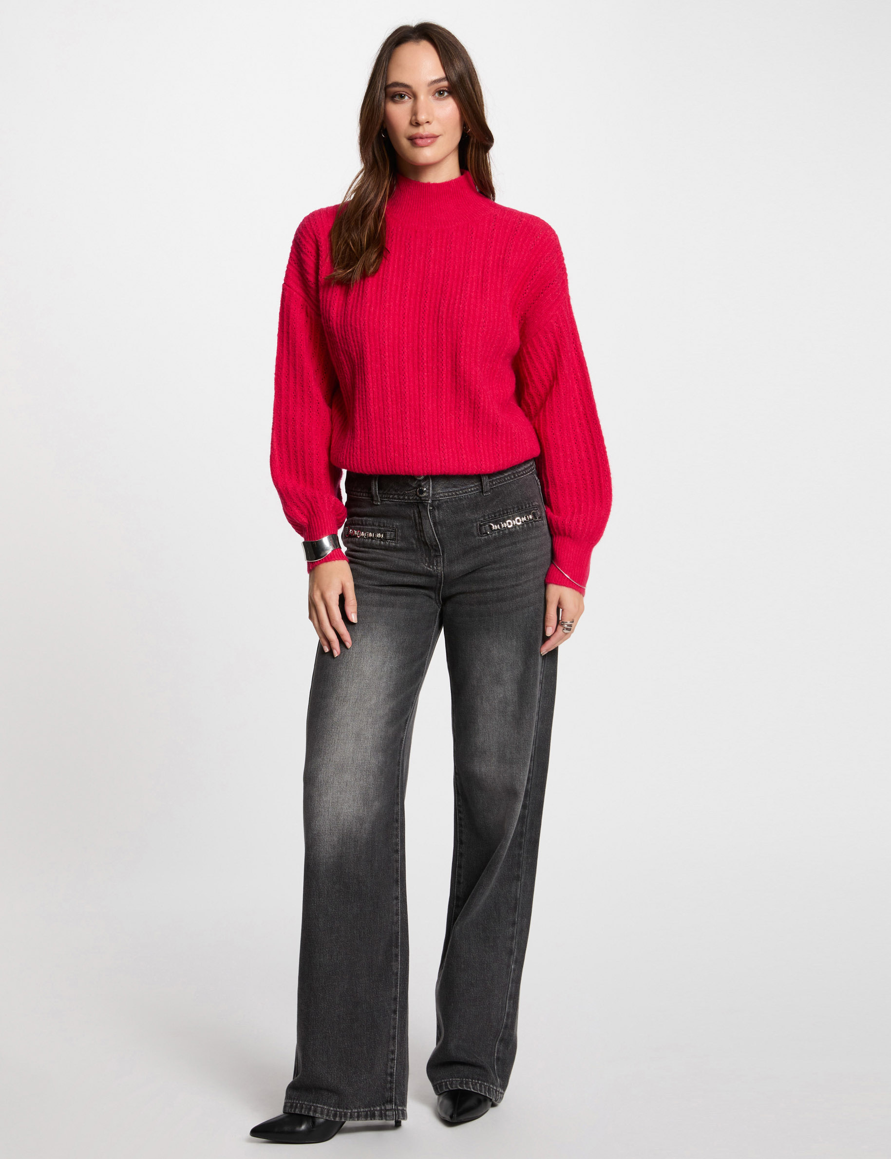 jeans large details chaines gris clair femme Jeans large détails chaînes gris clair femme