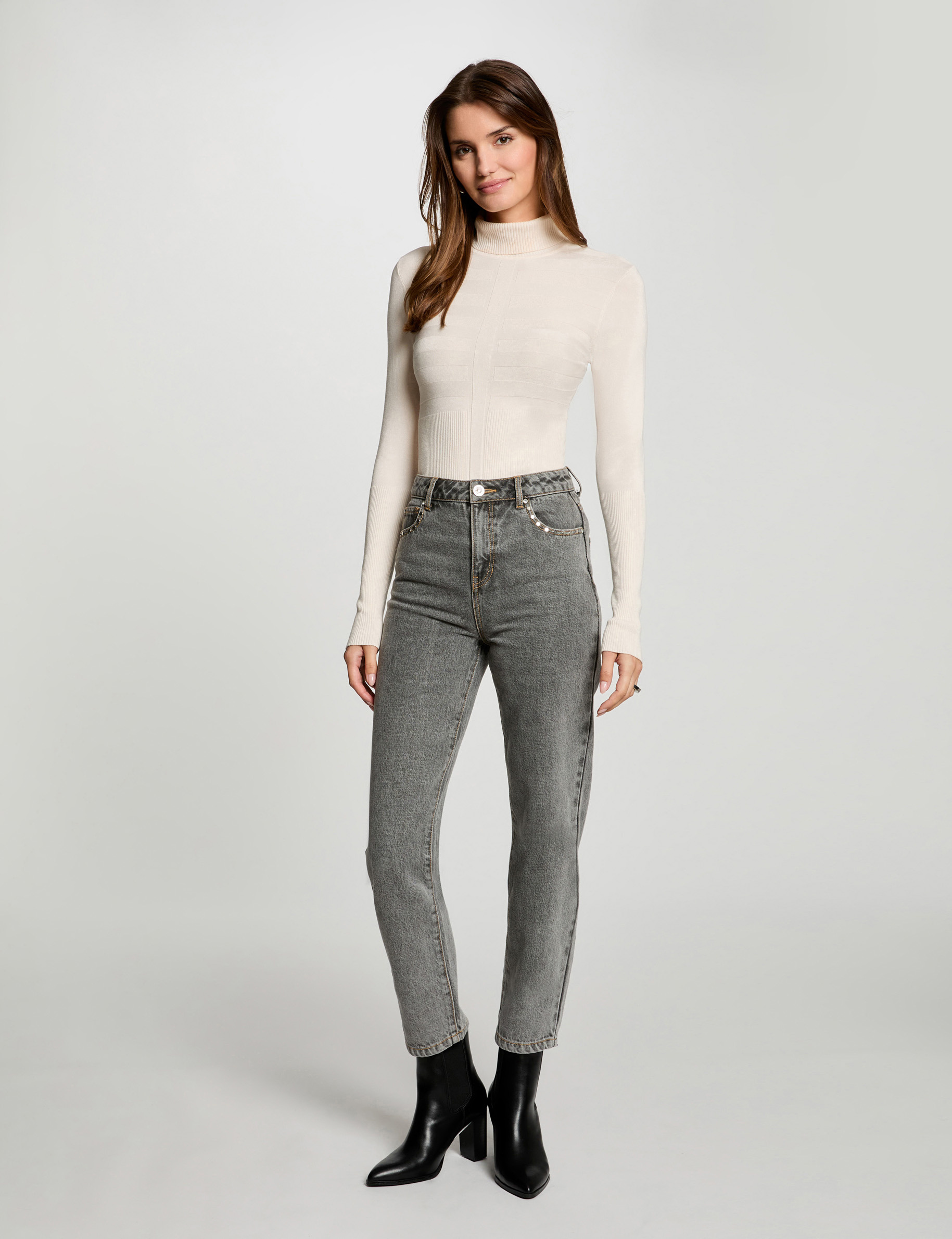 Pull manches longues col roulé ivoire femme