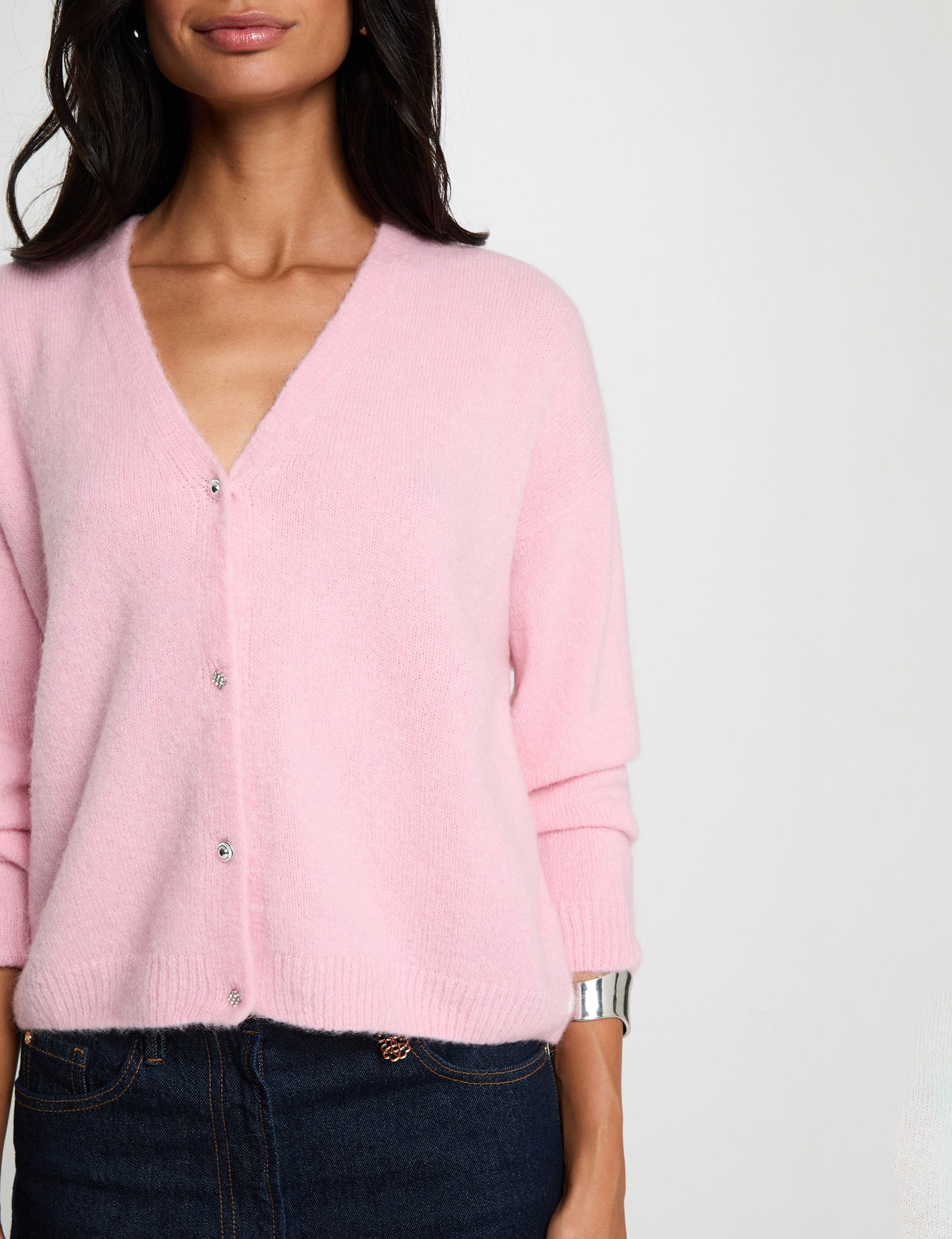 Gilet tricot col v rose pastel femme