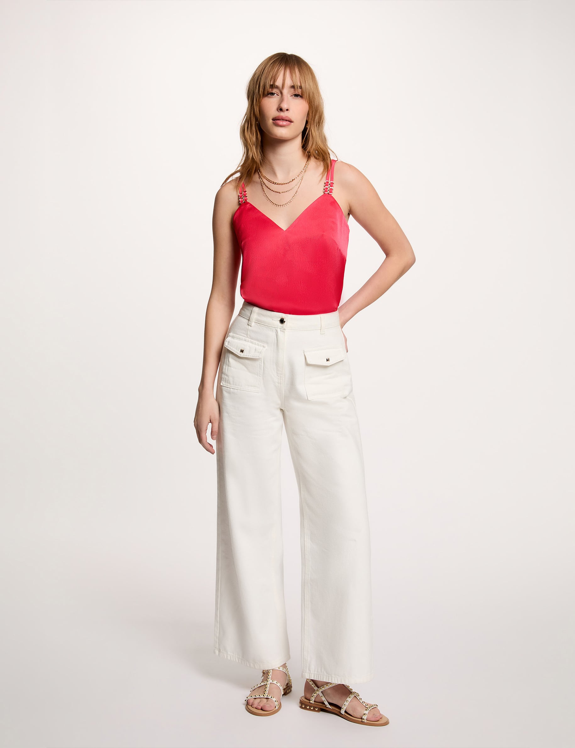 Top satin &agrave; bretelles rouge corail femme
