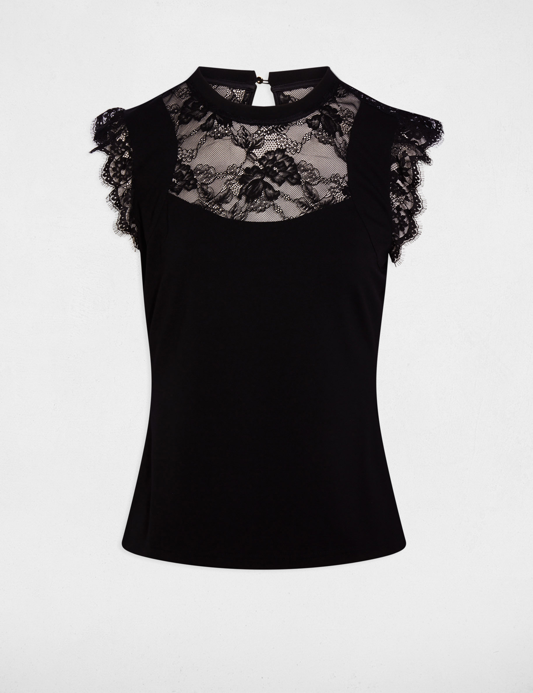 T-shirt dentelle col montant noir femme