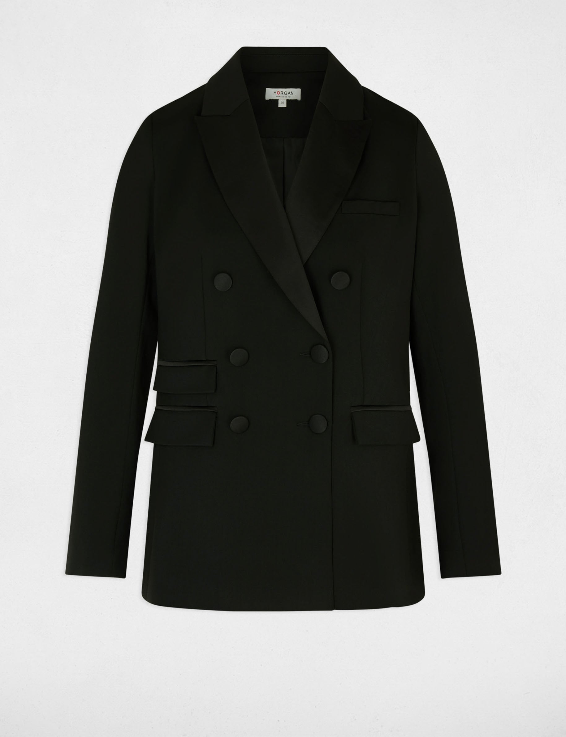 Veste satin col tailleur noir femme