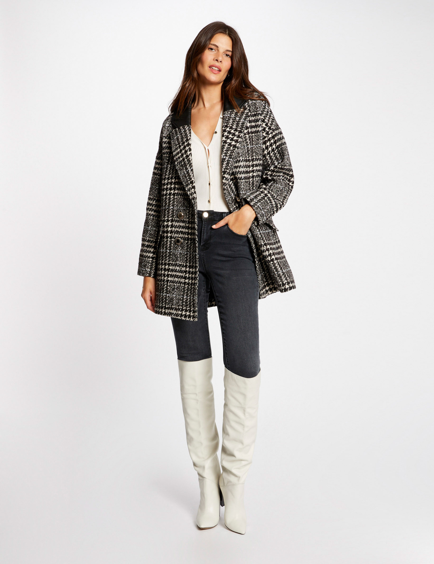 Manteau droit imprimé pied de poule ecru femme