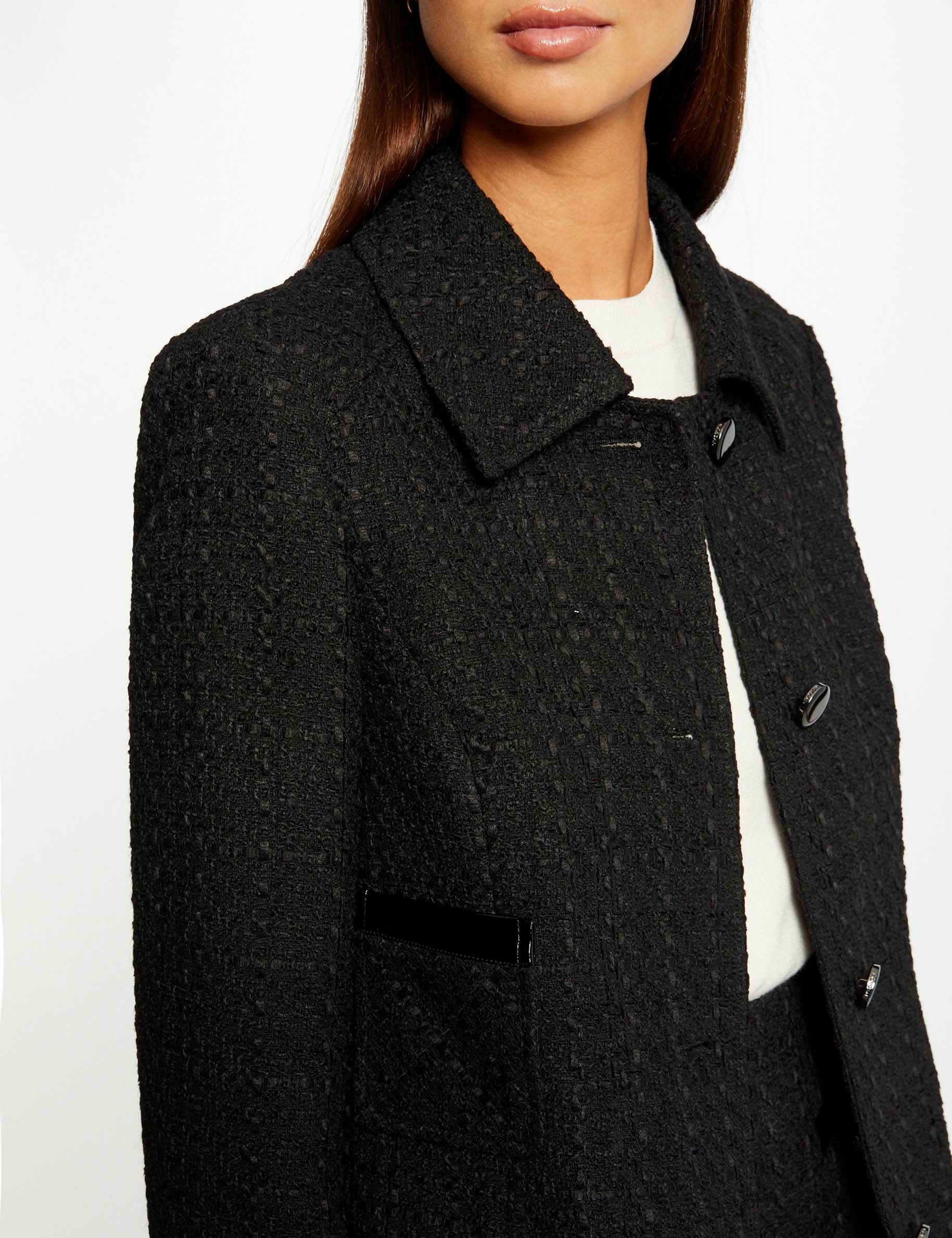 veste longue droite details vinyle noir femme Veste longue droite détails vinyle noir femme