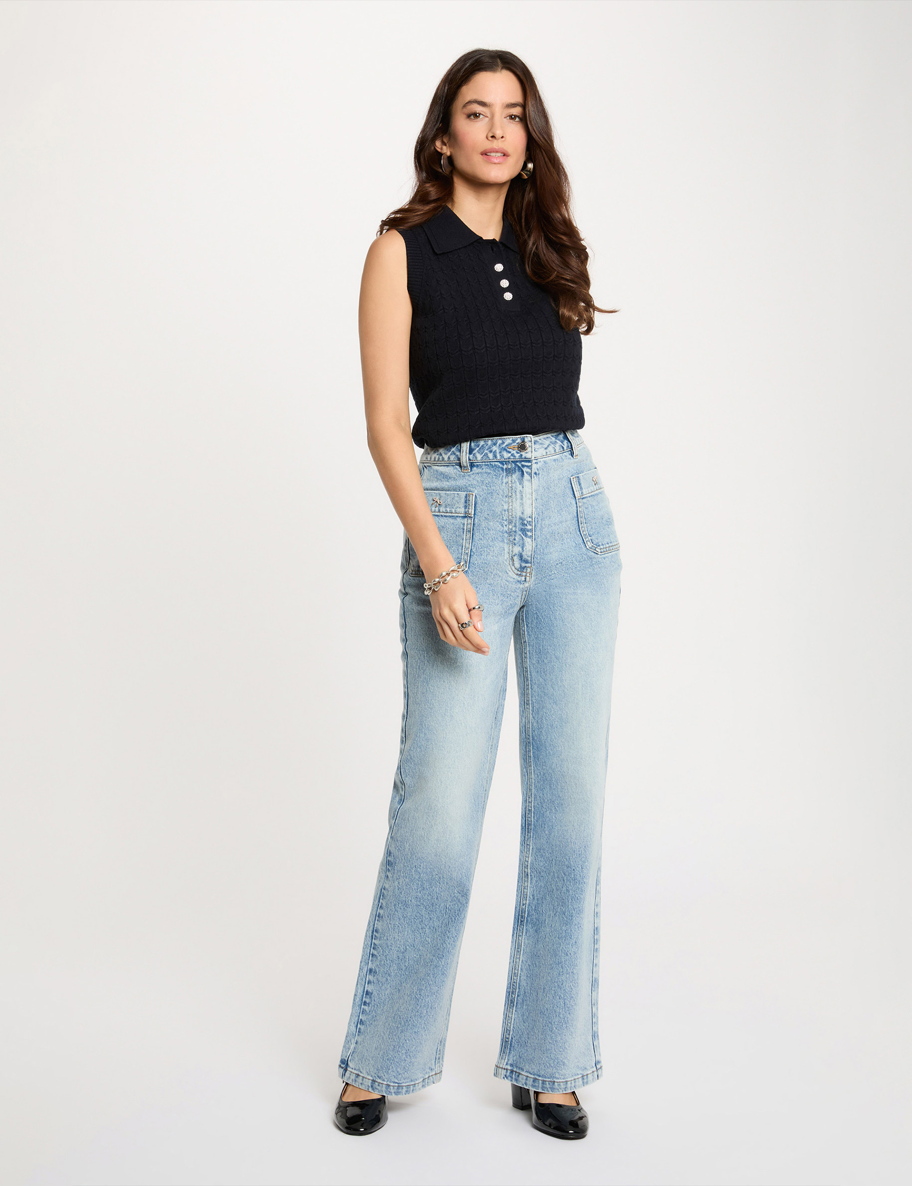 Jean large taille haute denim double stone femme