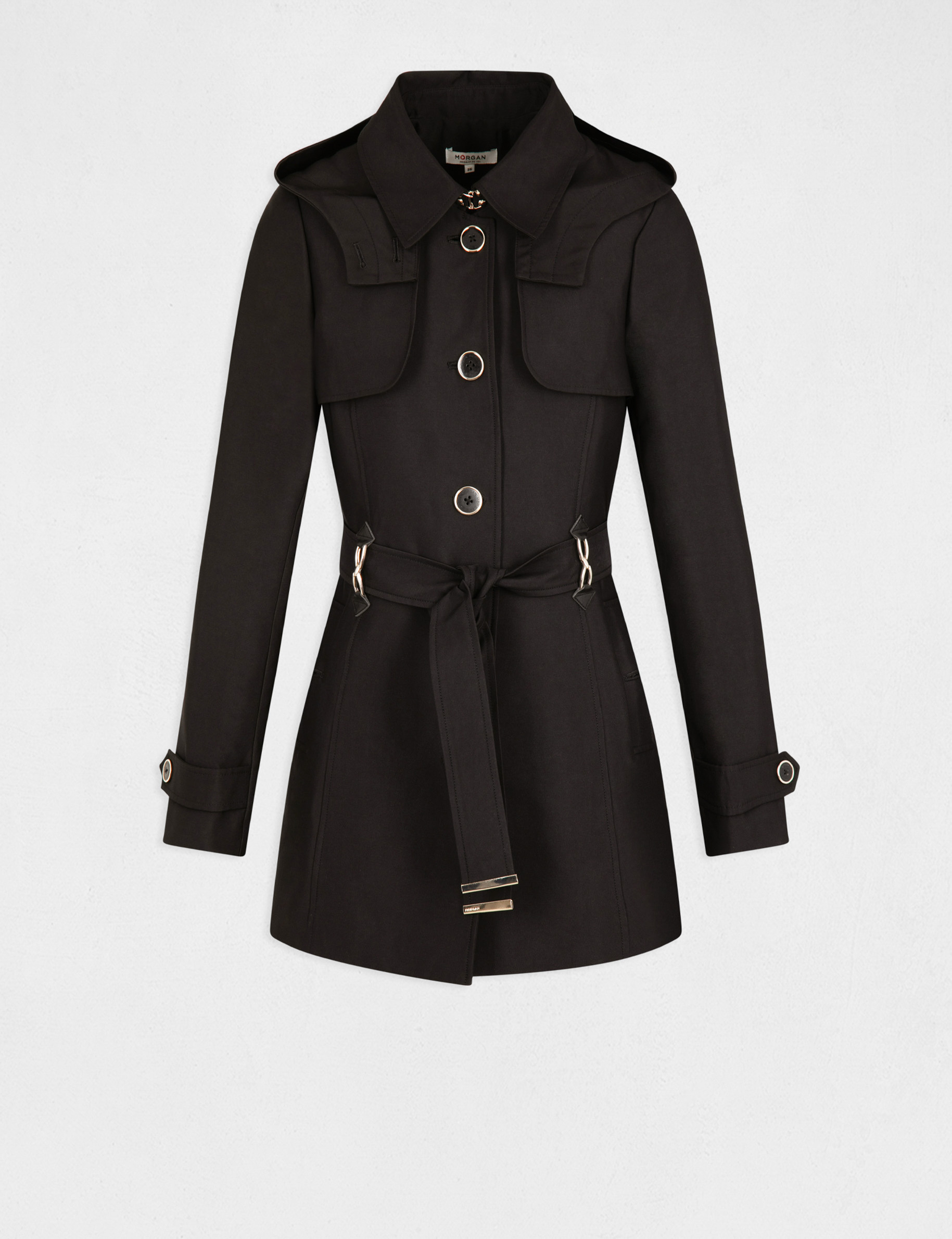 trench droit ceinture a capuche noir femme Trench droit ceinturé à capuche noir femme