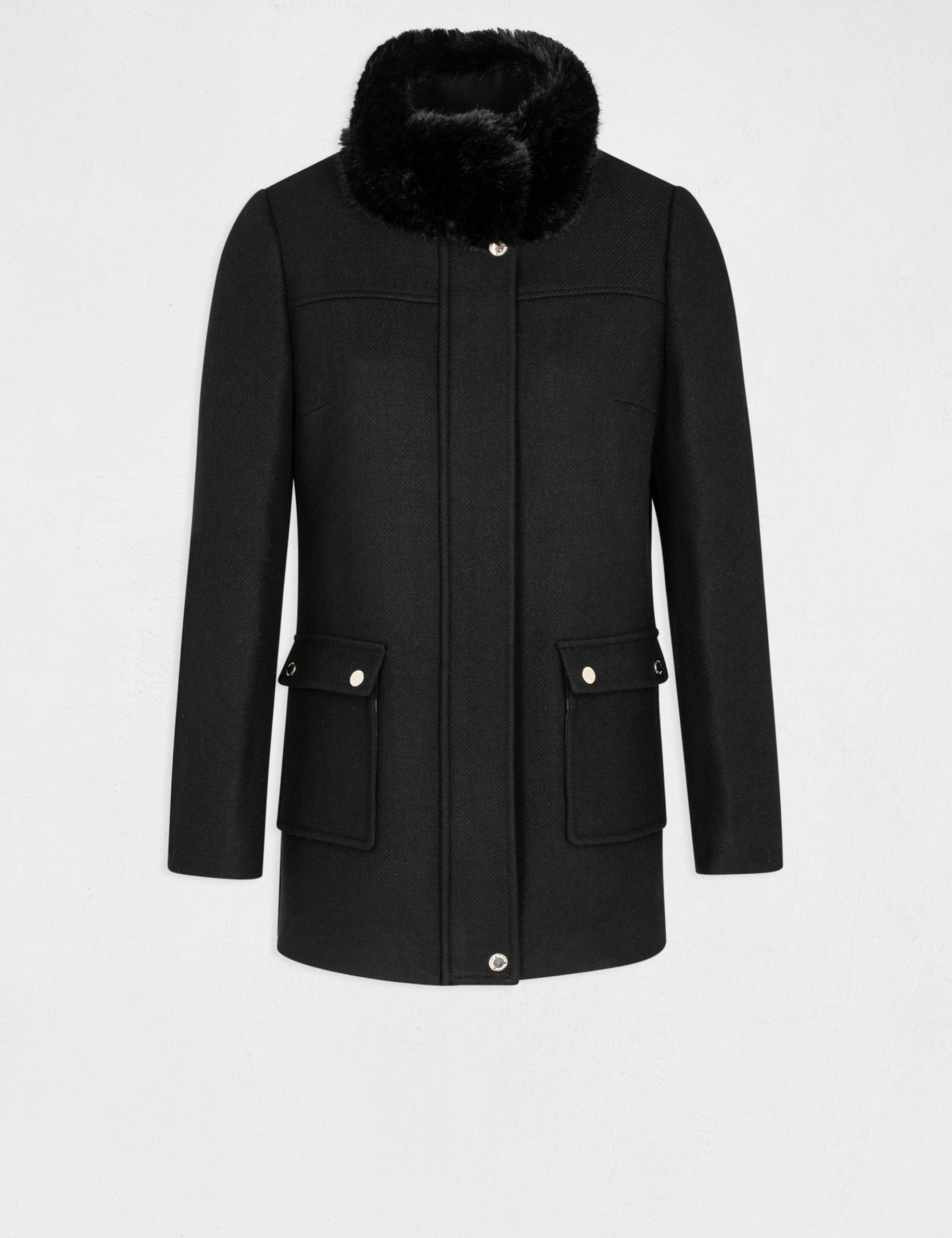 Manteau droit col &agrave; imitation fourrure noir femme