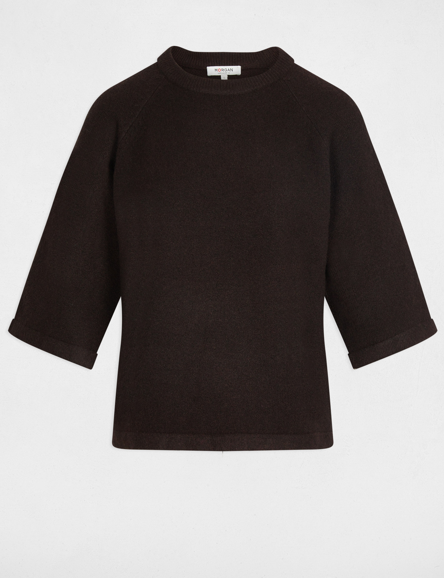 Pull manches 3/4 oversize marron fonc&eacute; femme