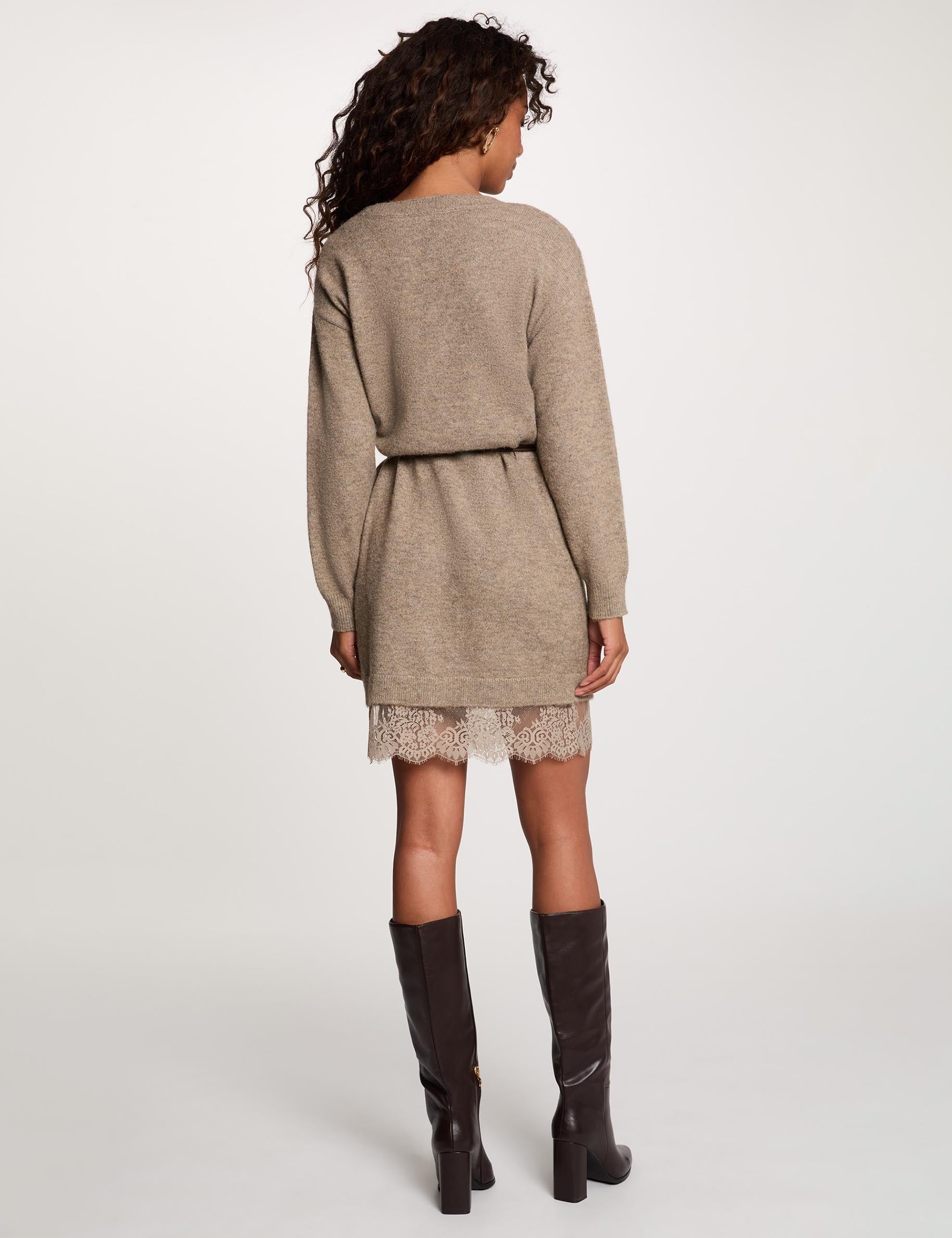 Robe tricot col v taupe femme