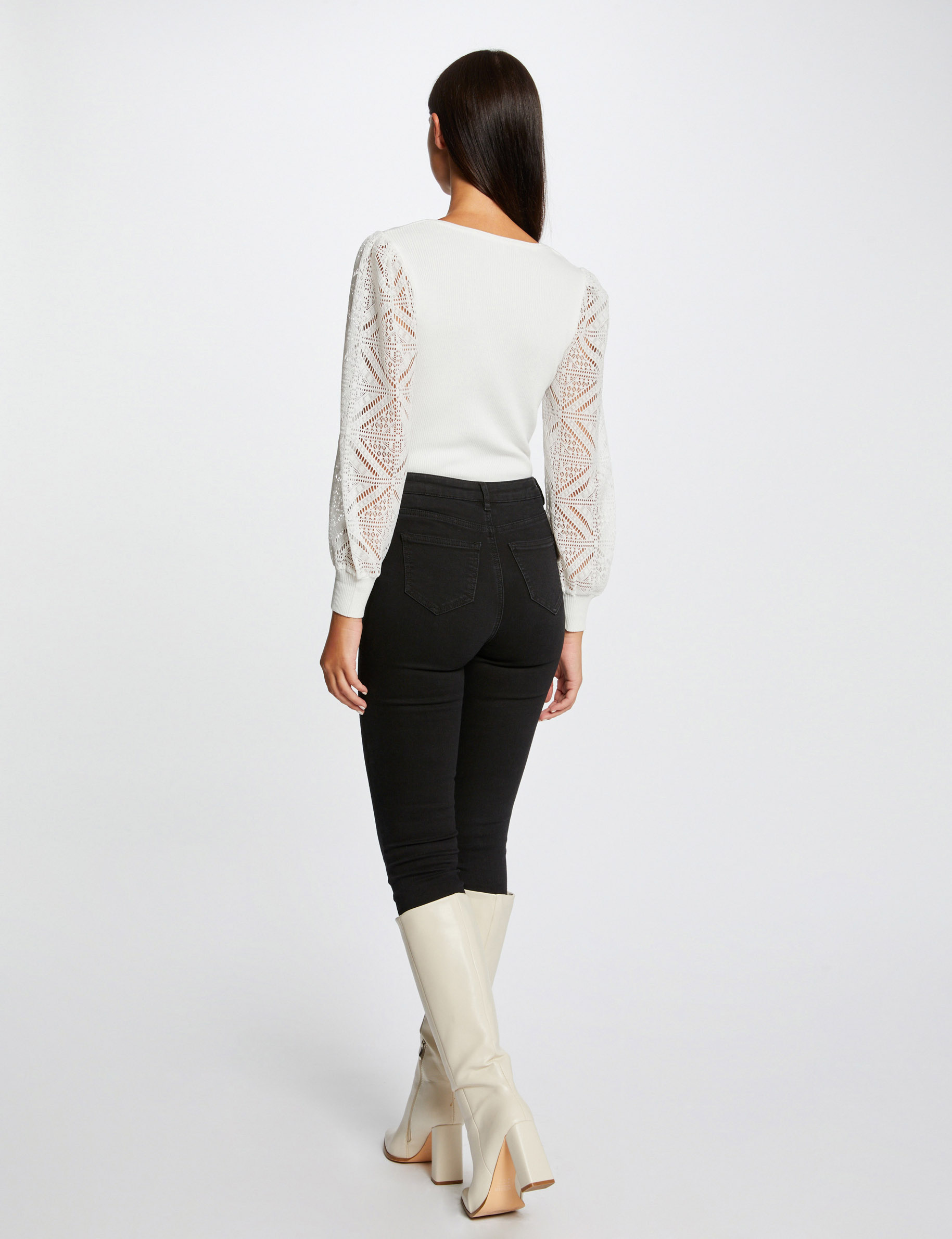 Pull manches longues en dentelle ecru femme