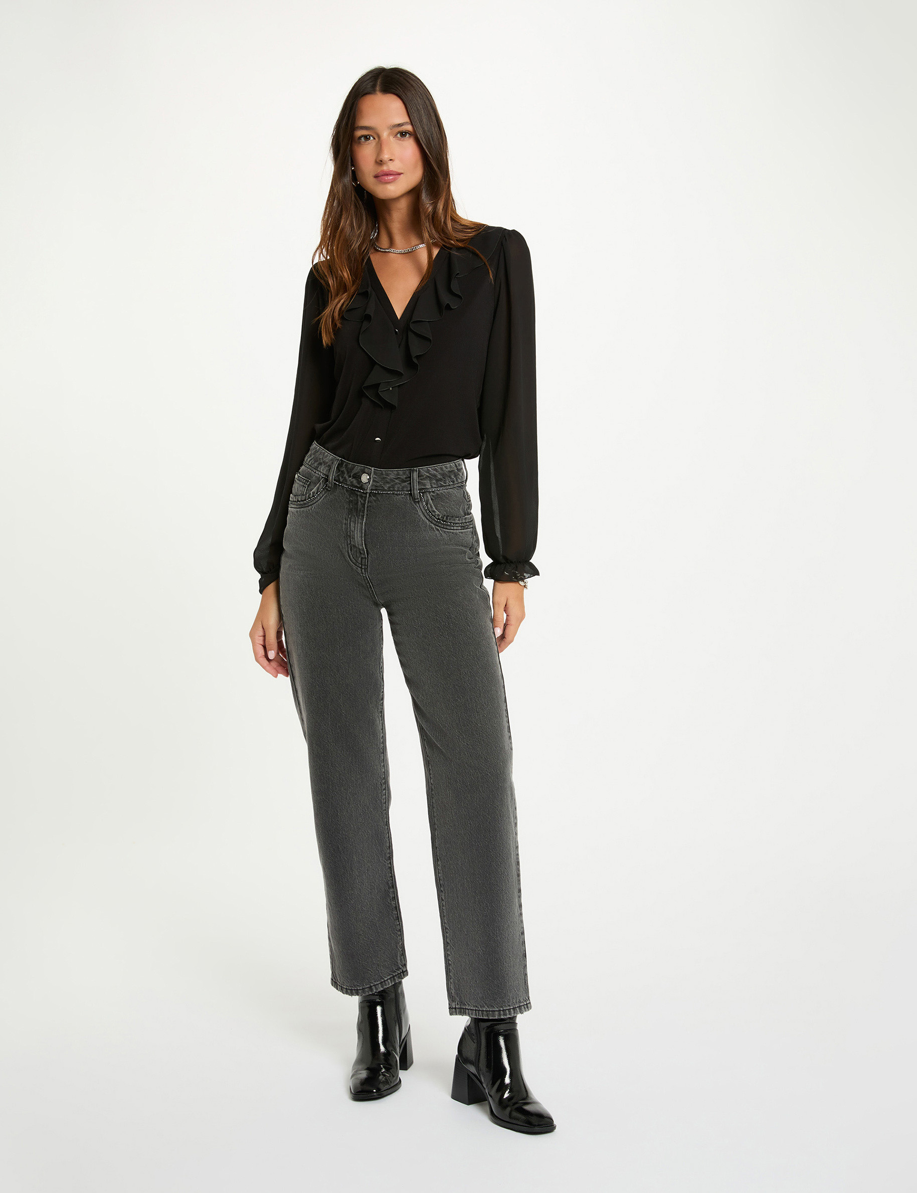 T-shirt voile col v noir femme