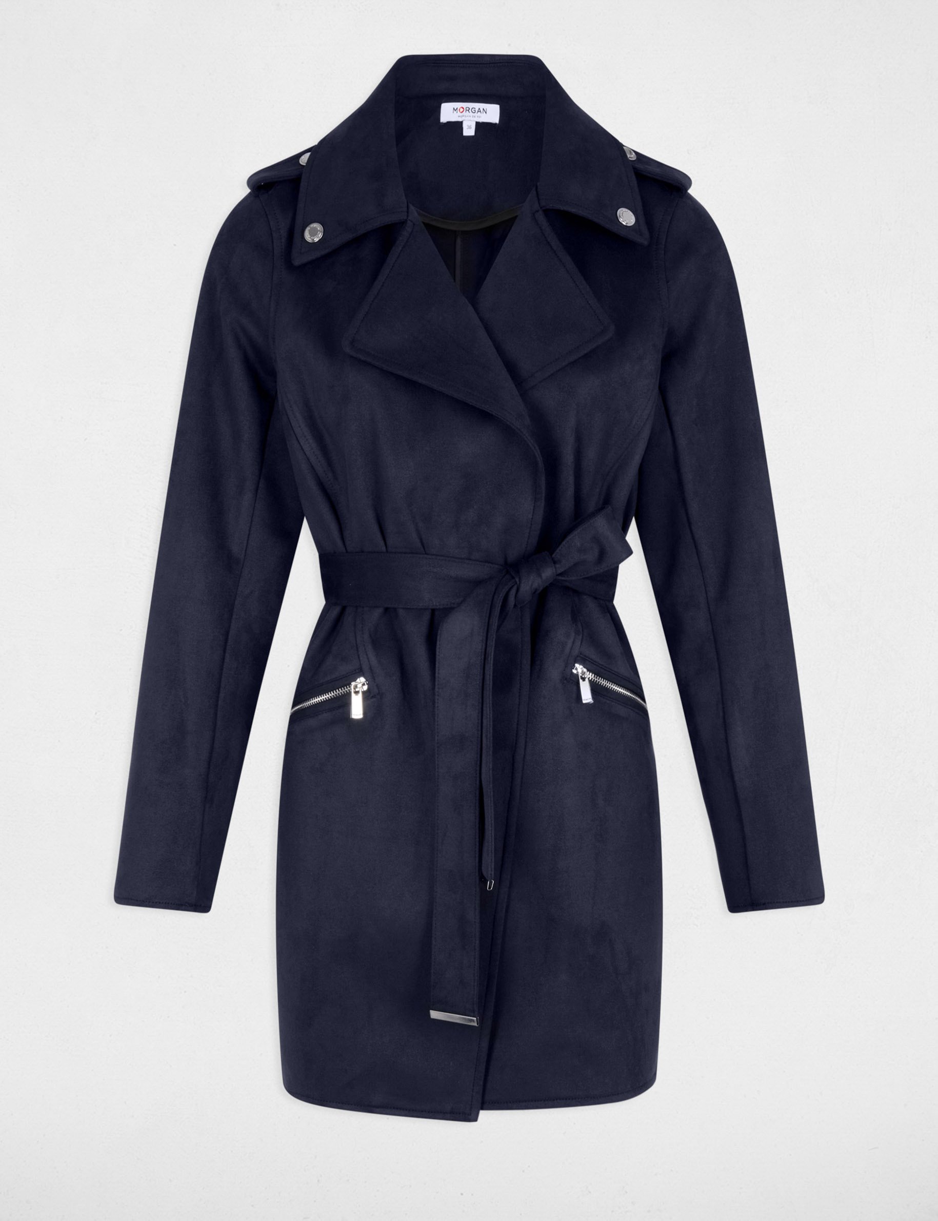 manteau long ceinture suedine bleu marine femme Manteau long ceinturé suédine bleu marine femme