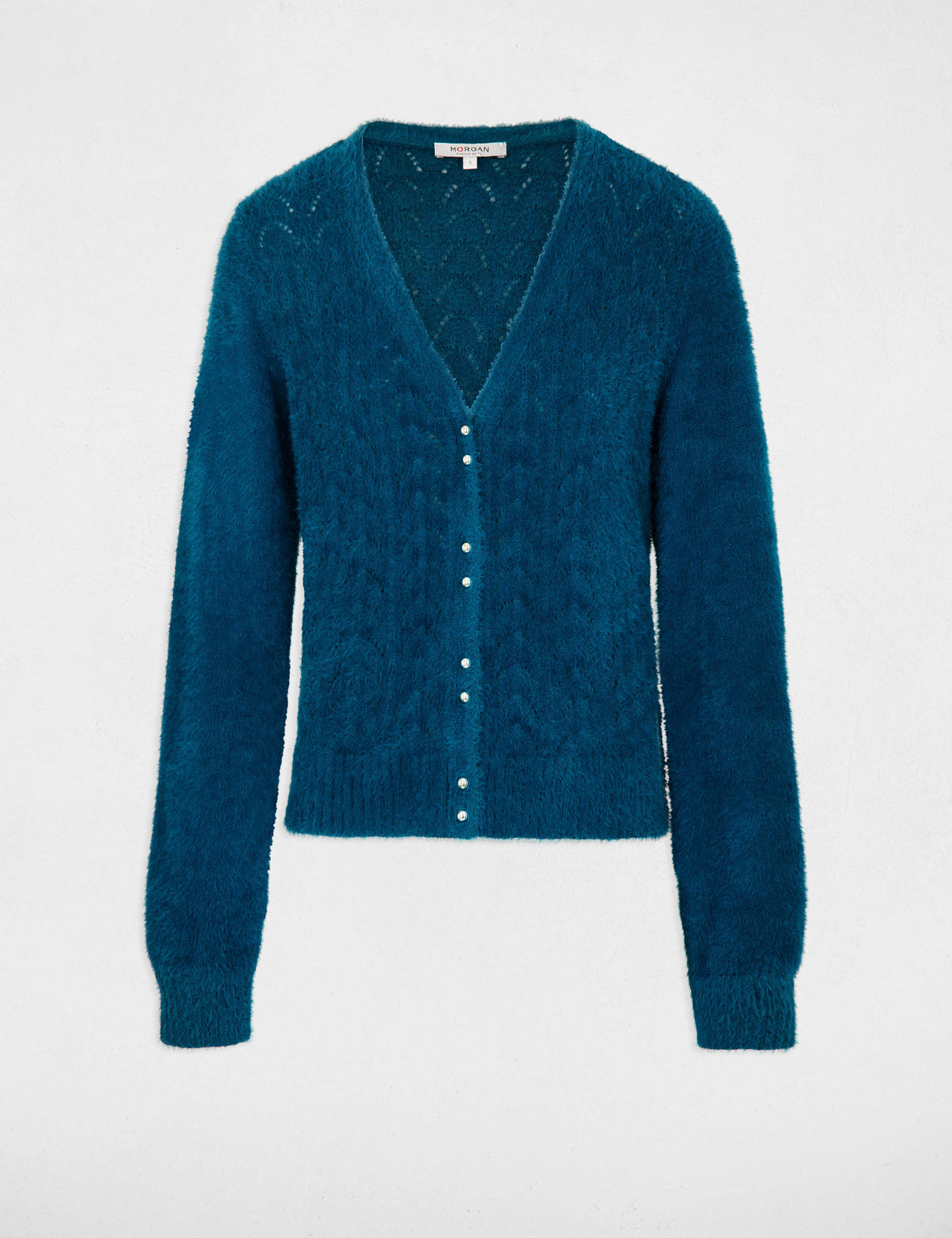 gilet manches longues a details ajoures vert canard femme Gilet manches longues à détails ajourés vert canard femme