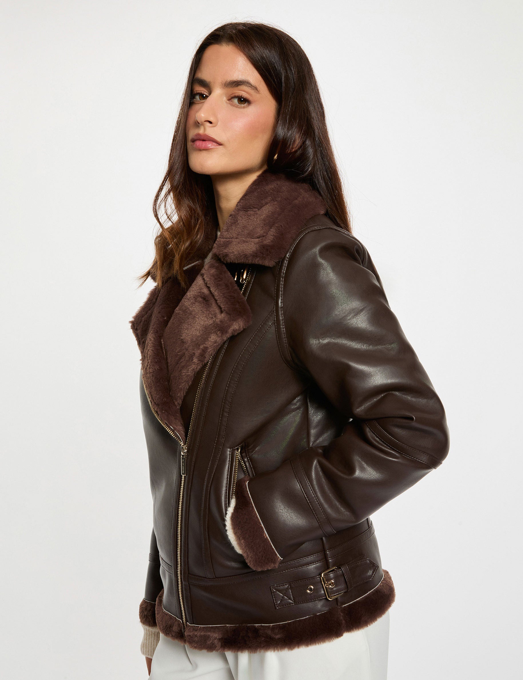 Blouson oversize similicuir marron fonc&eacute; femme