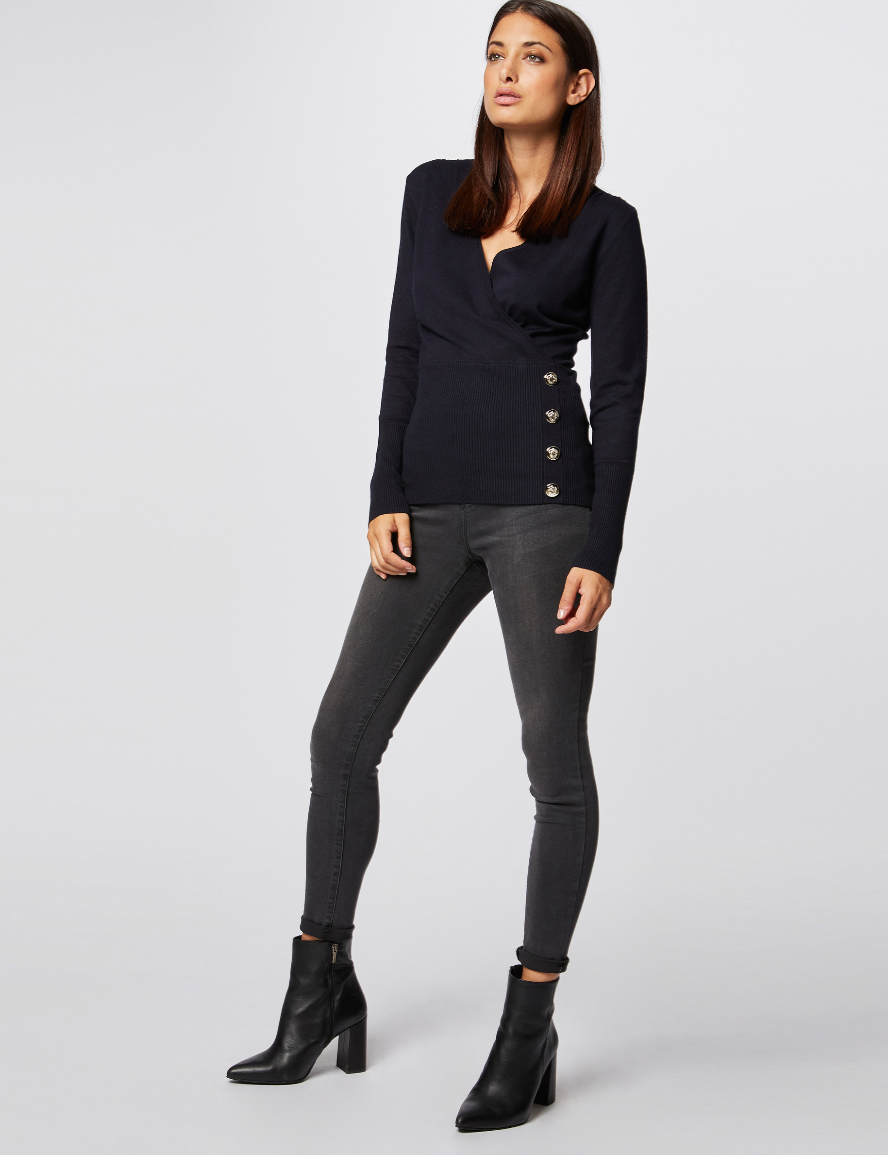 Pull manches longues &agrave; col effet crois&eacute; bleu marine femme