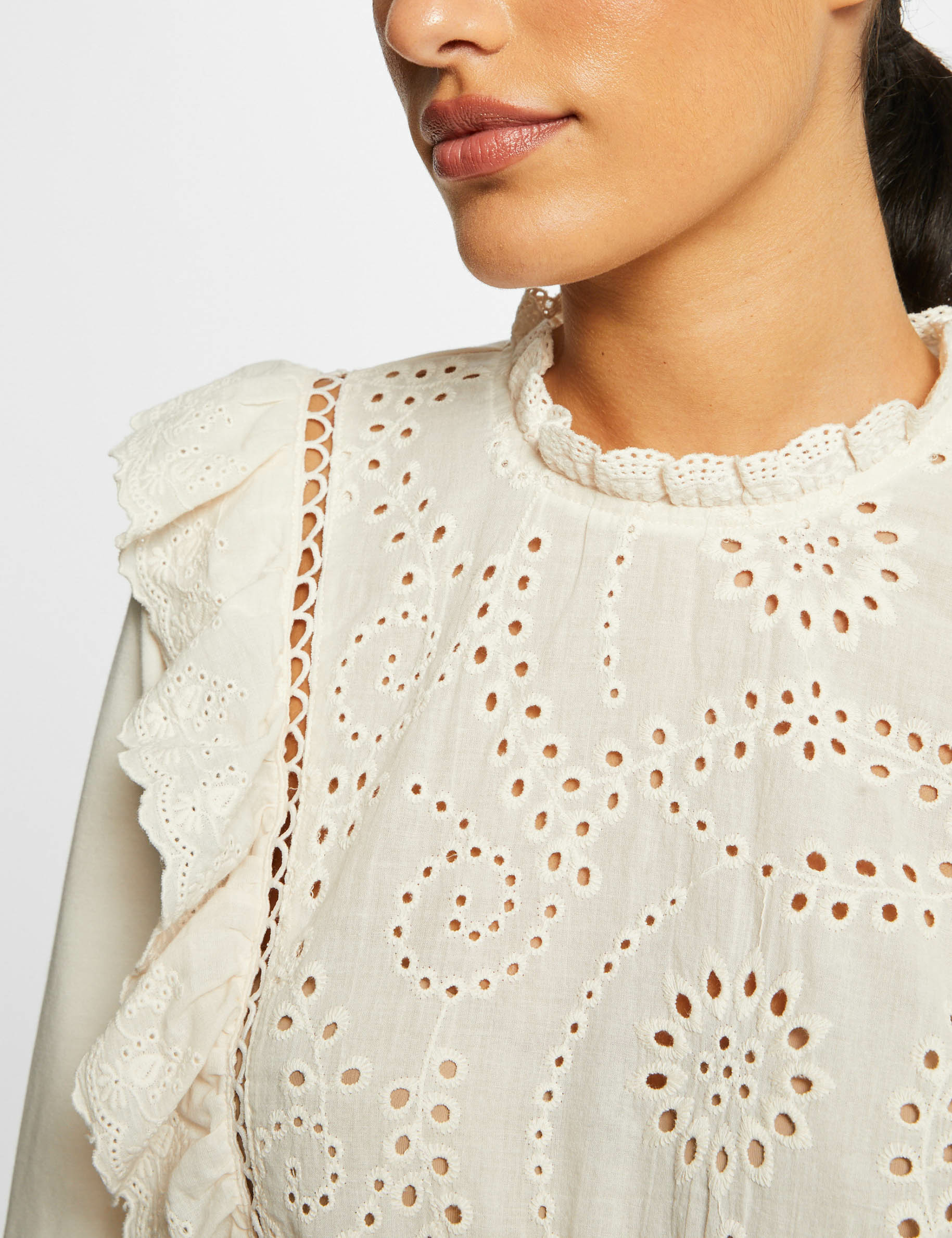 T-shirt manches 3/4 avec broderie ivoire femme T-shirt manches 3/4 avec broderie ivoire femme