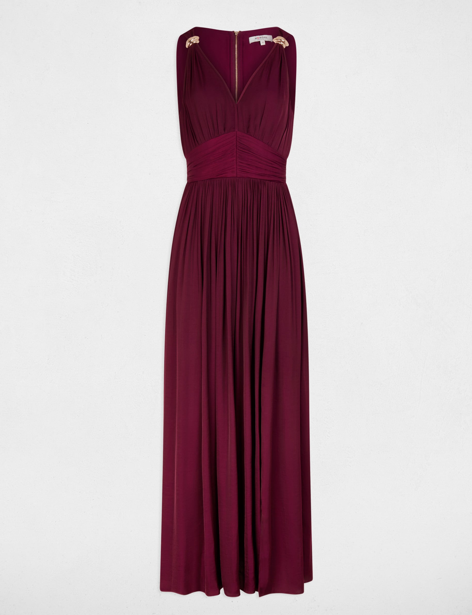 Robe longue col v prune femme