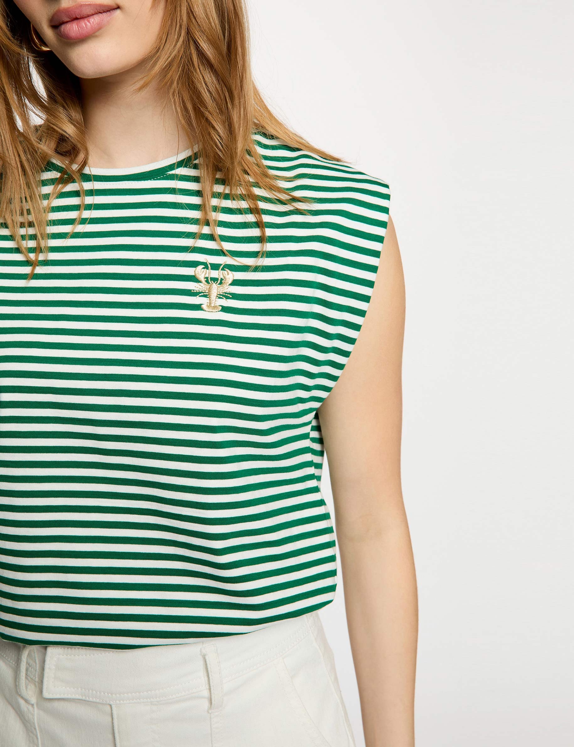 T-shirt ray&eacute; brod&eacute; vert prairie femme