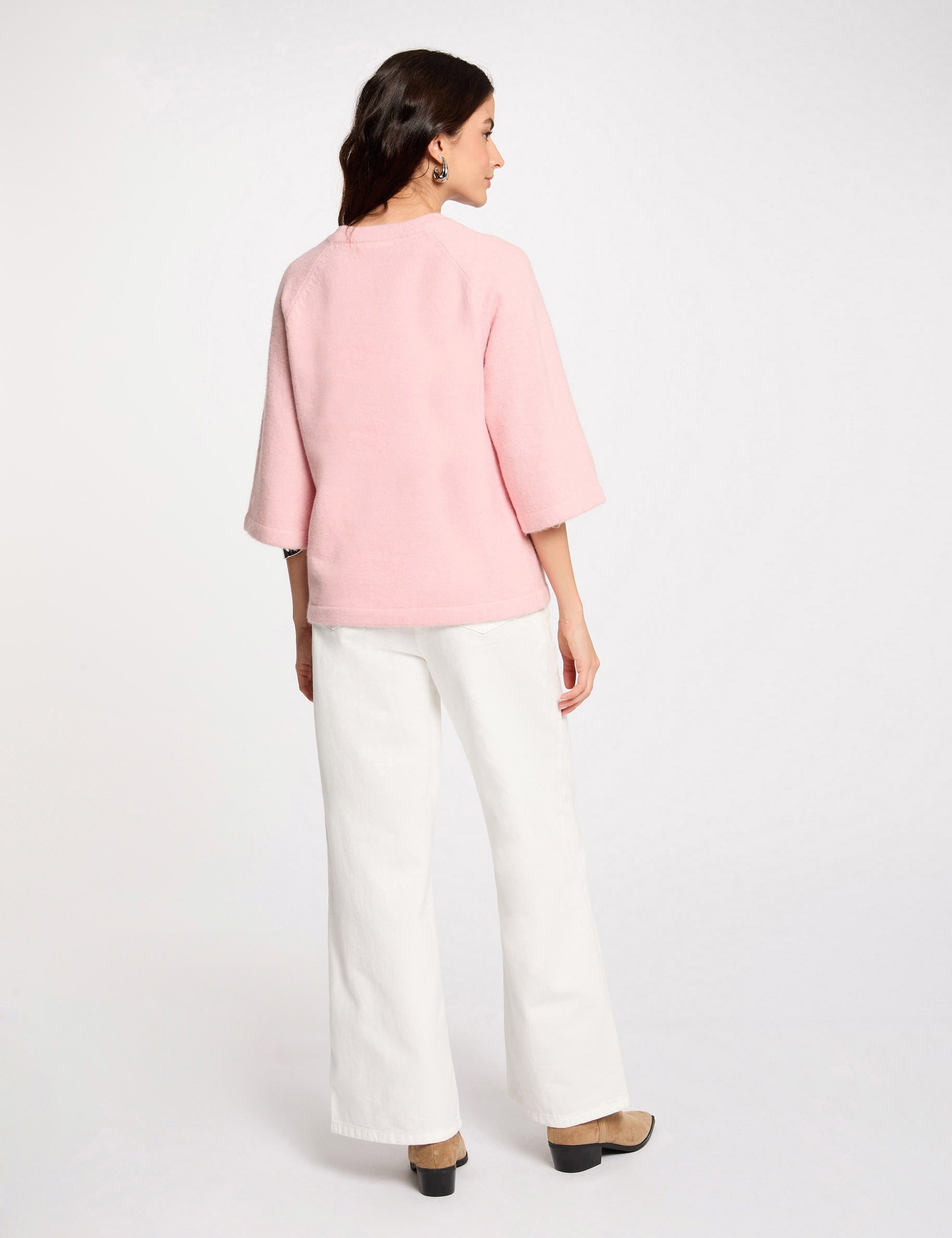 Pull manches 3/4 oversize rose poudr&eacute;e femme