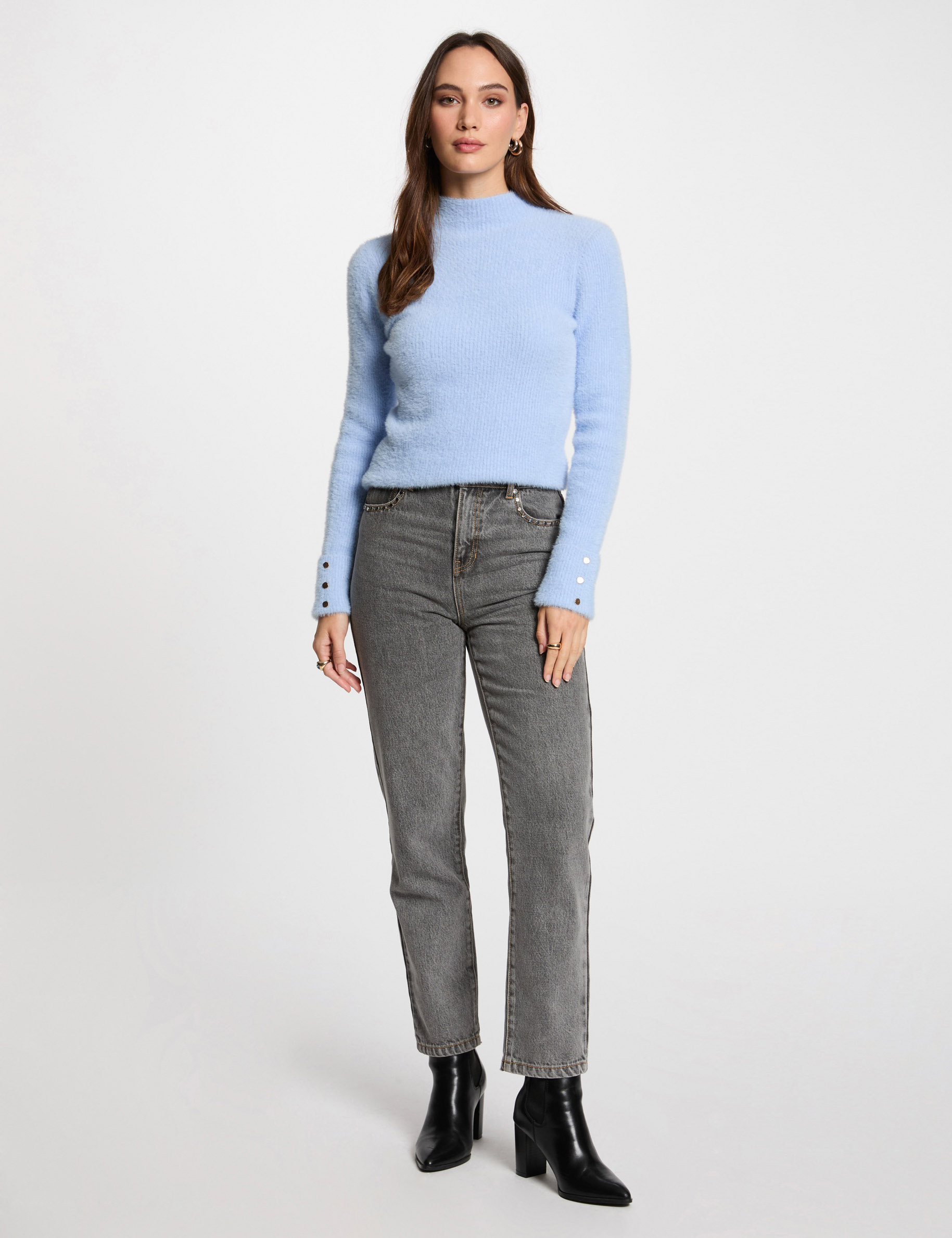 pull manches longues maille duveteuse bleu ciel femme Pull manches longues maille duveteuse bleu ciel femme