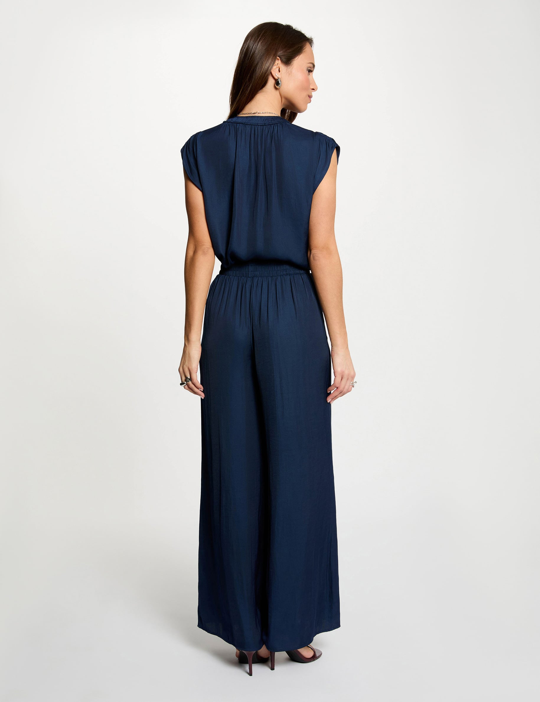 Blouse manches courtes satin bleu marine femme